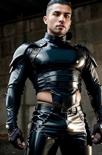 Handsome Latin Man Glamor Modern Fashion FUTURISTIC Fashion Black Clothing in Athletic LATEX pop Star Chestpiece ARMOR medieval warrior heroes ACRYLIC LATEX. FABRICA GOTCA tight pants highlighting the muscles. Goth futuristic haute couture