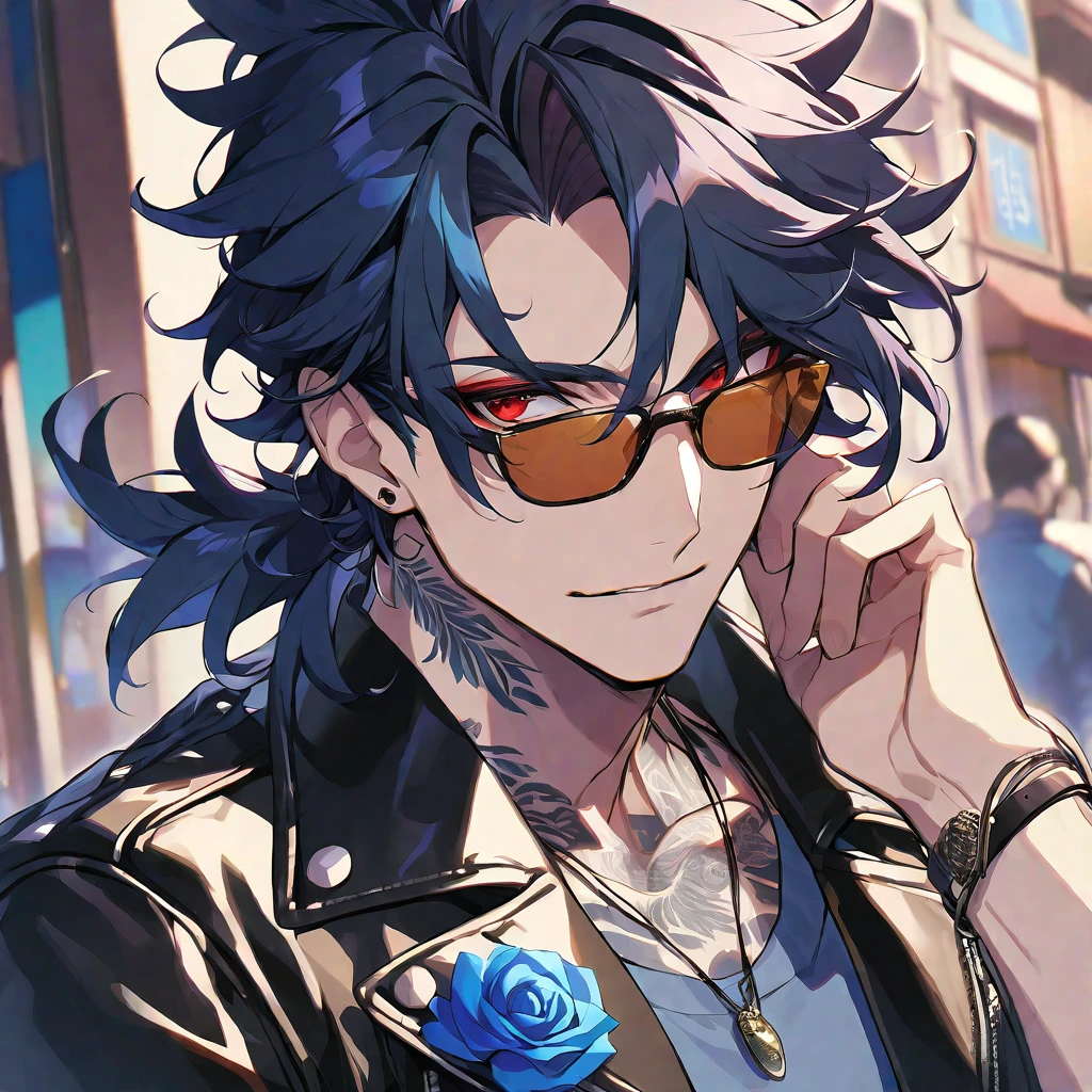 solo, handsome, 1 male, Ponytail, Braided black hair, red eyes, Gojo Satoru,casual,Blue Rose Tattoo,Leather jacket,casual,Stylish,cool,sunglasses,Glasses,necklace,bracelet,Face close-up,