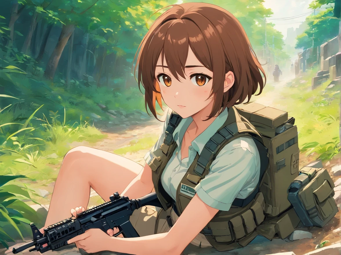Beautiful woman, Woman in bulletproof vest, (The girl is exposing her belly) The girl has brown eyes, Chestnut Hair, A girl with big breasts、Holding an M4A1S assault rifle in his hand。, Sitting in the trenches
