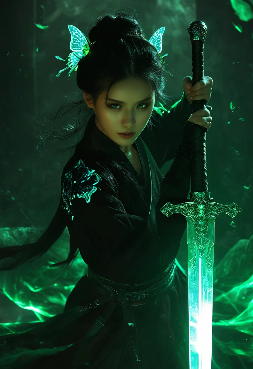 dark atmosphere，maid uniform in style of iron，dark background，female swordsman in the dark，glowing jade sword，lightsaber，invisible face，Sword in both hands，night，dark，fear，sword focus，Glowing butterflies flying in the air，realistic，skin texture，xianxia