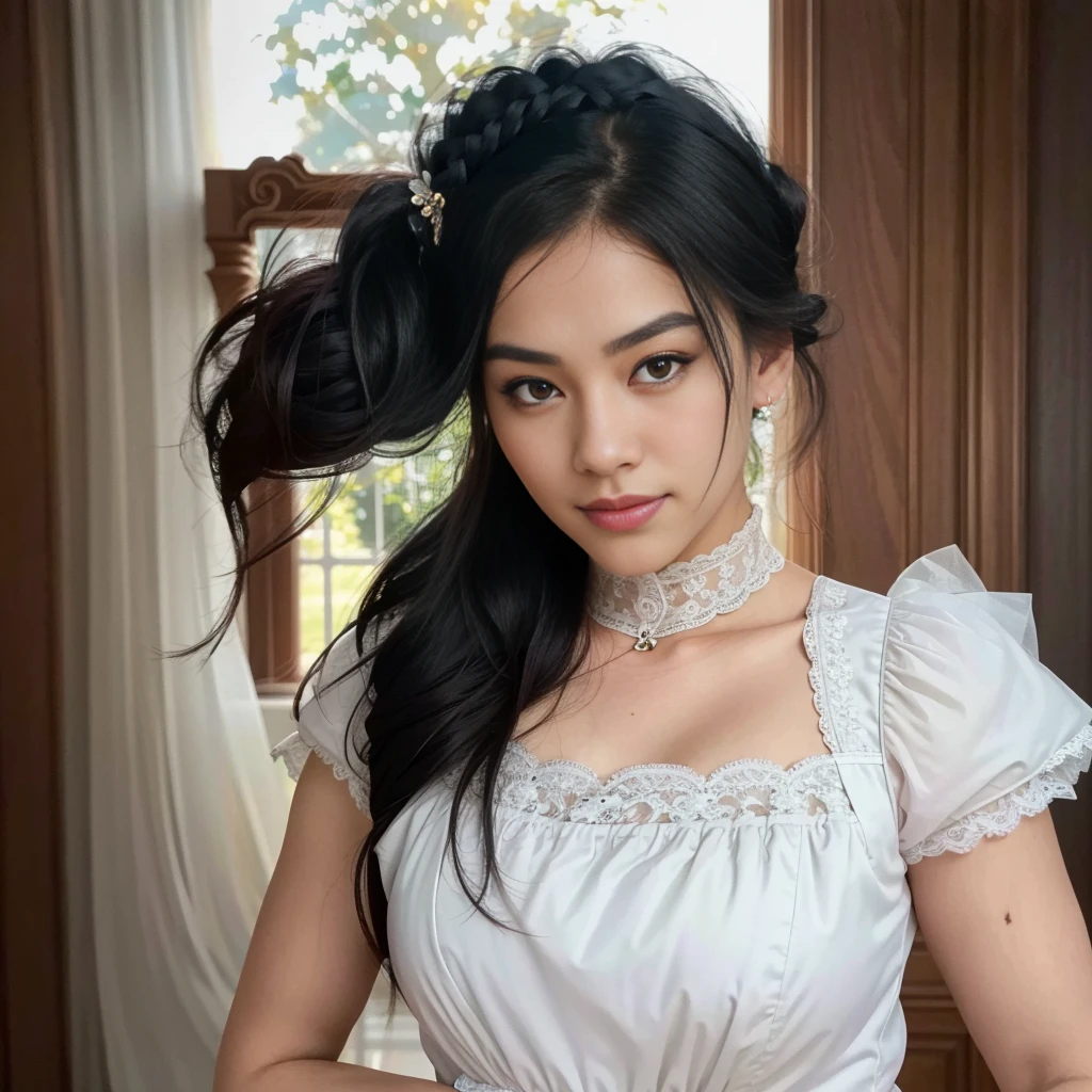 A maid in a beautiful Victorian-style maid outfit, long black hair, intricate lace details, elegant pose, detailed facial features, beautiful eyes, detailed folds in the dress, high quality 8K render, cinematic lighting, warm color tones, photorealistic, masterpiece, (best quality,4k,8k,highres,masterpiece:1.2),ultra-detailed,(realistic,photorealistic,photo-realistic:1.37)