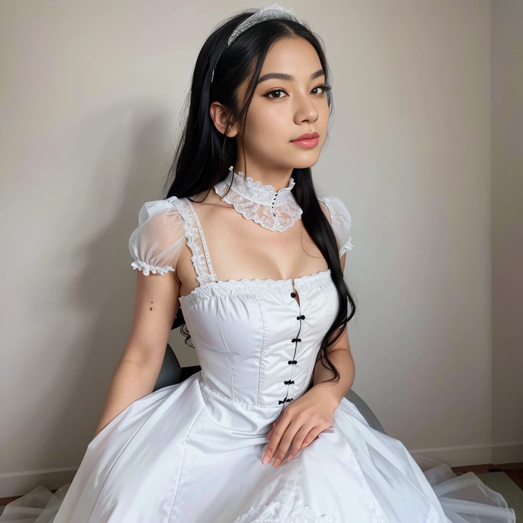 A maid in a beautiful Victorian-style maid outfit, long black hair, intricate lace details, elegant pose, detailed facial features, beautiful eyes, detailed folds in the dress, high quality 8K render, cinematic lighting, warm color tones, photorealistic, masterpiece, (best quality,4k,8k,highres,masterpiece:1.2),ultra-detailed,(realistic,photorealistic,photo-realistic:1.37)