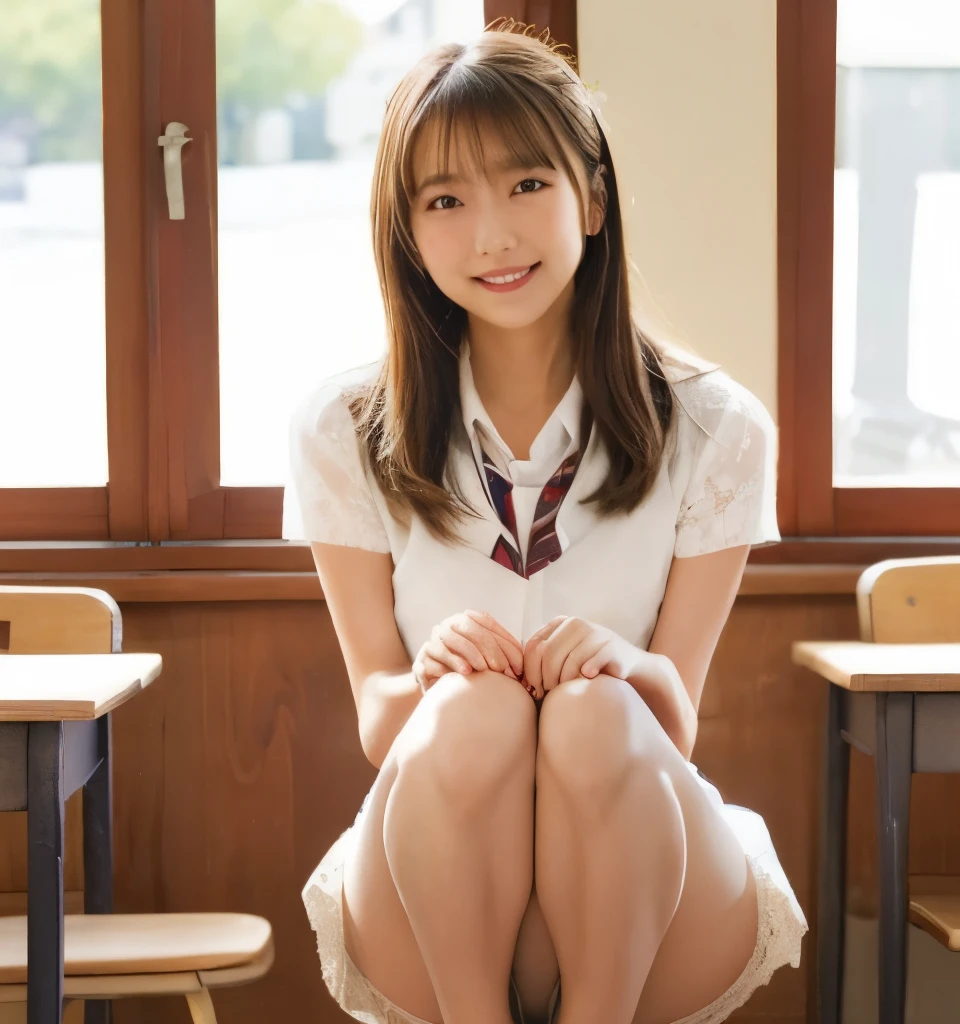 highest quality、Ultra-high resolution、8k、masterpiece、Clear photos、Sharp focus、Delicate and beautiful 、Very cute in elaborate uniform、The cutest Erina Mano、slender、very short navy pleated skirt、mini skirt:1.8、smile、Squatting with legs apart facing the camera:1.6、with legs wide open,:1.6、In the school classroom、Beautiful legs、Show off lace white panties:1.8
