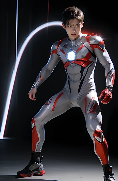 Ultraman, realistic, realistic, movie lights, young man in shiny red and silver suit, 15 years old, professional photo, skin exposed, Japanese model, Japanese CGI, sexy Ultraman suit, Power Rangers set, tight thin cyber suit, with elastic all over, delicate body, small butt, muscle, abs, lewd mark, groin tattoo, thin waist, exposed belly cyber suit on both sides skin tight, slanted eyes, sharp gaze, ponytail hair, facing forward, standing facing forward, glowing sphere embedded in chest, essay exam, blue sky background, Young beautiful boy, young handsome boy, Ultraman Boy personification, Ultraman-colored latex, Ultraman-colored rubber bodysuit, Ultraman color suit, Ultraman body suit, muscles, abs, mask off Ultraman Boy, Ultraman Boy without mask, Ultraman Boy suit, Ultraman Boy cosplay, Ultraman Boy costume, 15 year old boy's body, Ultraman Boy with face exposed, Ultraman without mask Boy, Ultraman without mask, medium-length hair, ponytail hair, color timer on chest, energy drain on chest, Ultraman Boy, boy's face, young boy with long hair, Ultraman Boy cosplayer, exposed face, 13 to 15 years old Boy, young boy's face, high definition, highest quality, best masterpiece, highest clarity, highest resolution, 8K, 16K, 32K, CG art, highest detail, Full body shot, full body view, Belly-baring Ultraman-colored bodysuit, belly-baring Ultraman-colored bodysuit, revealing bodysuit, lewd mark, crotch tattoo, abdominal muscle openwork bodysuit, abdominal muscle visible bodysuit,