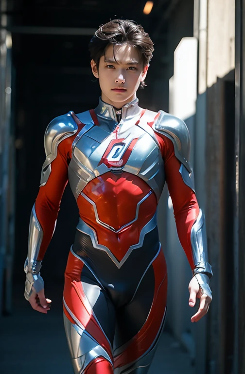 Ultraman, realistic, realistic, movie lights, young man in shiny red and silver suit, , professional photo, skin exposed, Japanese model, Japanese CGI, sexy Ultraman suit, Power Rangers set, tight thin cyber suit, with elastic all over, delicate body, small butt, muscle, abs, lewd mark, groin tattoo, thin waist, exposed belly cyber suit on both sides skin tight, slanted eyes, sharp gaze, ponytail hair, facing forward, standing facing forward, glowing sphere embedded in chest, essay exam, blue sky background, Young beautiful boy, young handsome boy, Ultraman Boy personification, Ultraman-colored latex, Ultraman-colored rubber bodysuit, Ultraman color suit, Ultraman body suit, muscles, abs, mask off Ultraman Boy, Ultraman Boy without mask, Ultraman Boy suit, Ultraman Boy cosplay, Ultraman Boy costume, 15 year old  Ultraman Boy with face exposed, Ultraman without mask Boy, Ultraman without mask, medium-length hair, ponytail hair, color timer on chest, energy drain on chest, Ultraman Boy, boy's face, young boy with long hair, Ultraman Boy cosplayer, exposed face, 13 to 15 years old Boy, high definition, highest quality, best masterpiece, highest clarity, highest resolution, 8K, 16K, 32K, CG art, highest detail, Full body shot, full body view, Belly-baring Ultraman-colored bodysuit, belly-baring Ultraman-colored bodysuit, revealing bodysuit, lewd mark, crotch tattoo, abdominal muscle openwork bodysuit, abdominal muscle visible bodysuit,