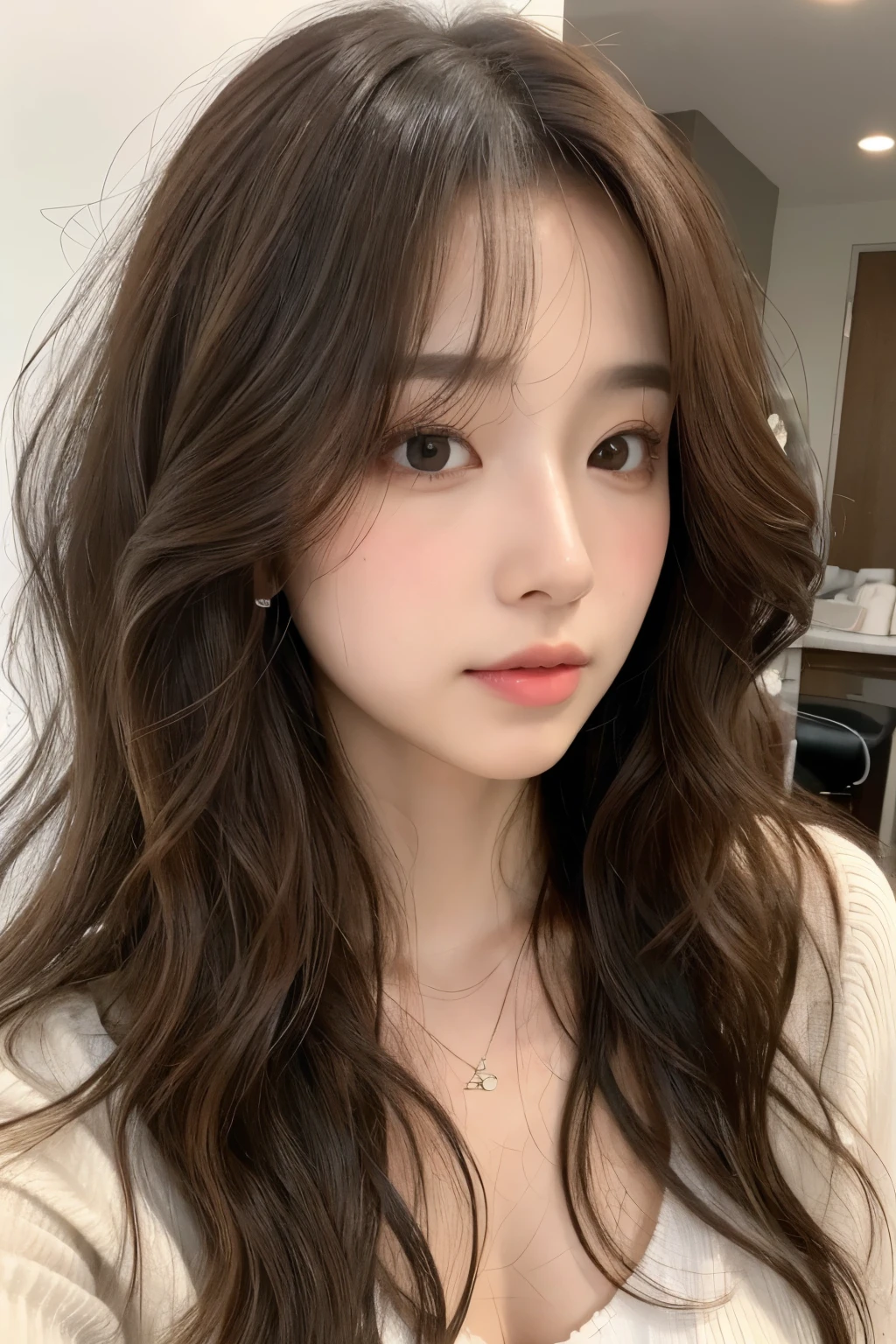 realistic light,natural light,white background,top quality、8 thousand、32,000、masterpiece、UHD:1.2)、photo of korean woman,small eyes,코리안 hippie perm헤어、dark brown hair、upper part of the body、from above、wavy hair,profile,long hair,pair of,wet hair,good hair,multi-layered hair,layer cut hair,perm hair,wave perm,Jelly perm,hippie perm,wavy hair,Abundant hair,wave wave