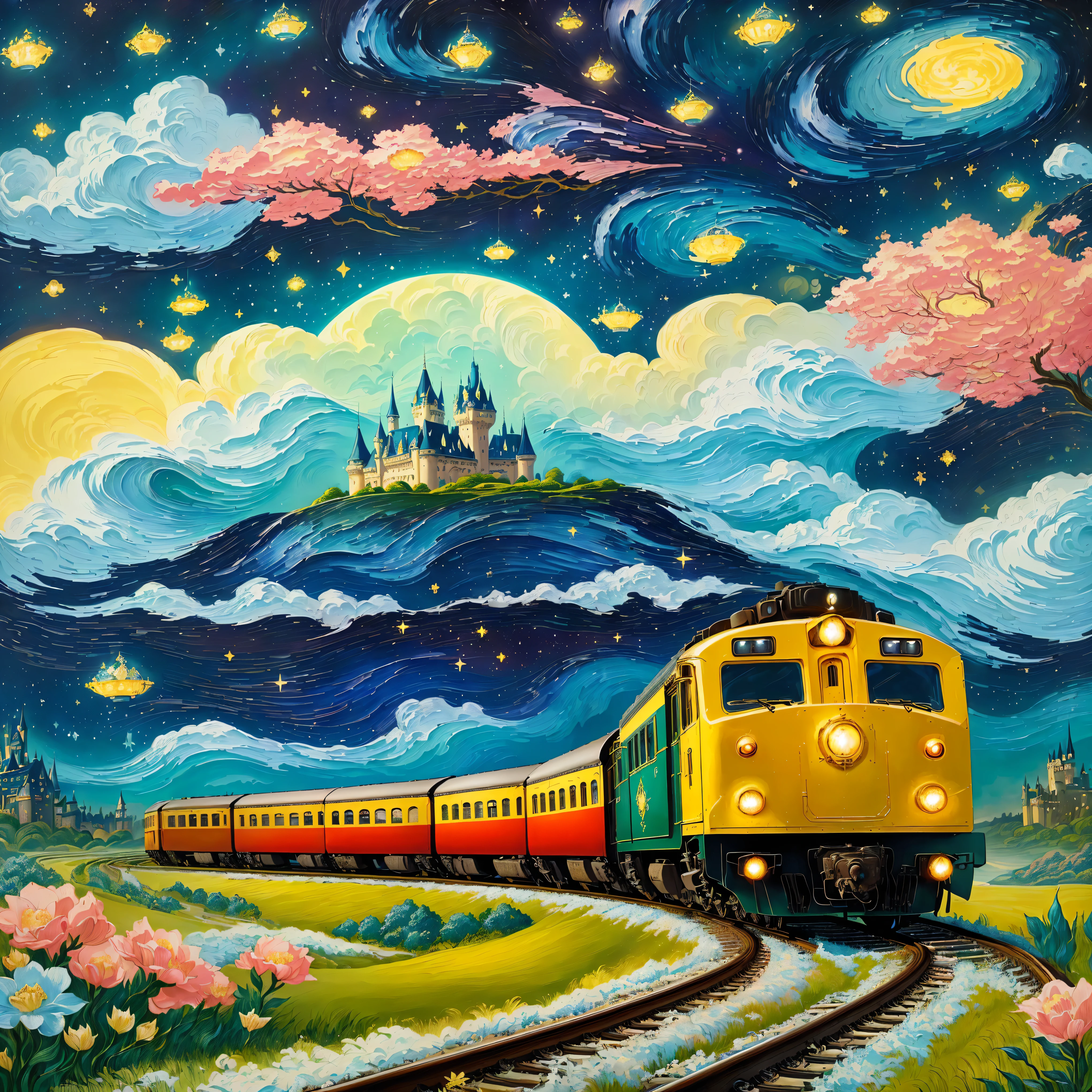 The painting depicts a train moving along the tracks,A castle in the background, fairytale painting, disney style scenery, Magic Castle, Galaxy Express, Whimsical fantasy landscape art, Van Gogh style, Detailed Dreams, Fantastic Art, Feiyun Castle, Magical scenery, disney style art, dream painting, Magical realism style
