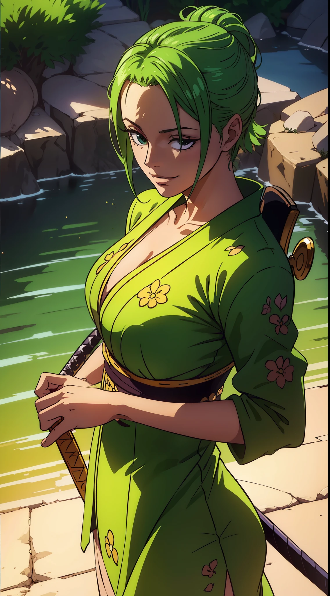 Ultra Realistic 8k CG, ((Ultra detailed background, Delicate pattern, intricate detials, Highly detailed, fine details)), Best Quality, (Photorealistic:1.4),Beautiful lighting, Roronoa Zoro, swords, One Piece, A big smile, smirk, green hair, Hot Girl, 3 styles of sword, Enma, Kamazo Hair, (The woman) , A  girl