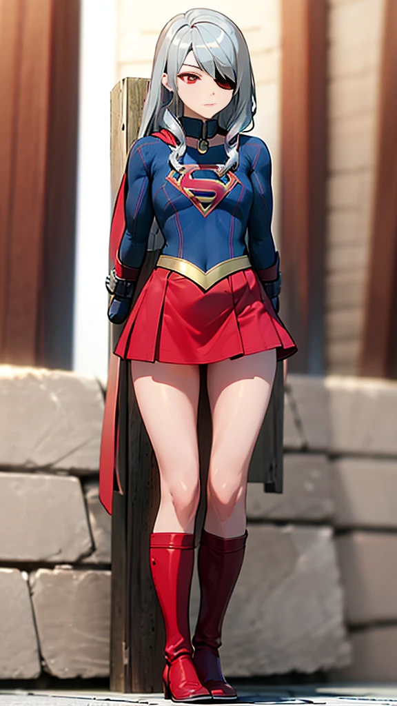 (full body), (masterpiece:1.2), (Highest_quality:1.2), (Ultra_detailed:1.3), 8k,Low - Angle，From below，Big Butt Girl, Medium chest, Bare legs，Long boots in red，3D Rendering,( Supergirl)，laura bodewig, long hair, (red eyes:1.3), grey hair, eyepatch,Red Skirt，the skirt is short,，A blue leotard is visible under the skirt.，The skirt is blown up by the wind，Red Cape，Gloves，Simple Background，White Background，(standing by wooden pole)