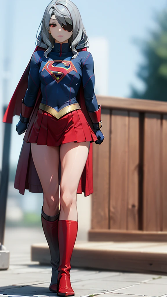 (full body), (masterpiece:1.2), (Highest_quality:1.2), (Ultra_detailed:1.3), 8k,Low - Angle，From below，Big Butt Girl, Medium chest, Bare legs，Long boots in red，3D Rendering,( Supergirl)，laura bodewig, long hair, (red eyes:1.3), grey hair, eyepatch,Red Skirt，the skirt is short,，A blue leotard is visible under the skirt.，The skirt is blown up by the wind，Red Cape，Gloves，Simple Background，White Background，(standing by wooden pole)