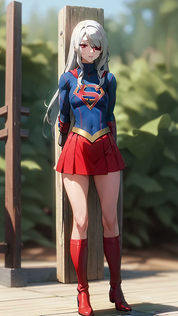 (full body), (masterpiece:1.2), (Highest_quality:1.2), (Ultra_detailed:1.3), 8k,Low - Angle，From below，Big Butt Girl, Medium chest, Bare legs，Long boots in red，3D Rendering,( Supergirl)，laura bodewig, long hair, (red eyes:1.3), grey hair, eyepatch,Red Skirt，the skirt is short,，A blue leotard is visible under the skirt.，The skirt is blown up by the wind，Red Cape，Gloves，Simple Background，White Background，(standing by wooden pole)