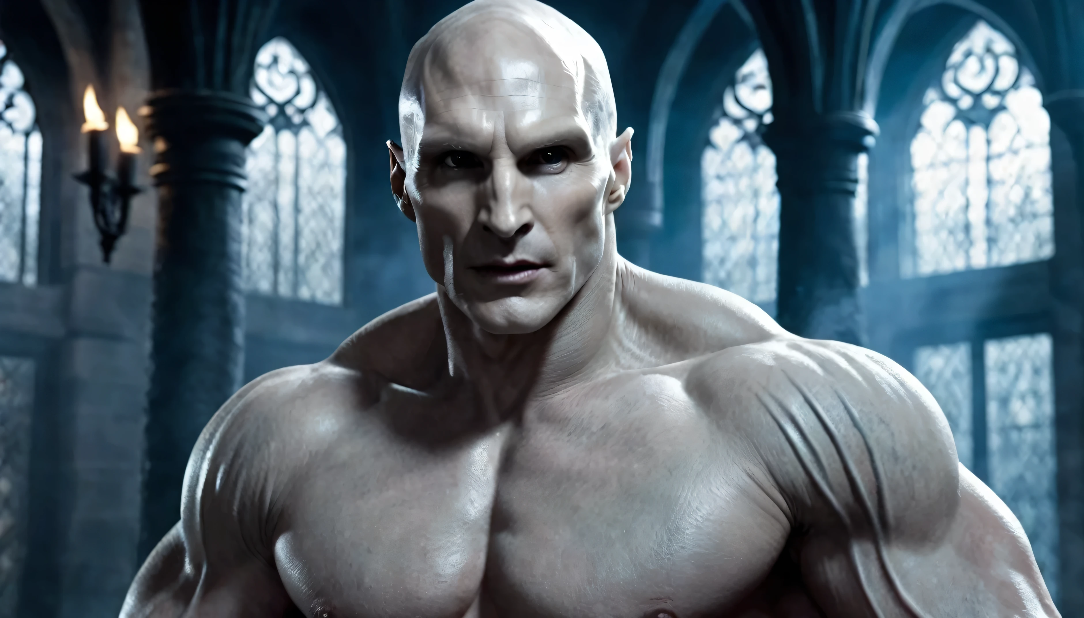 Very Handsome Lord Voldemort with a really big chiseled jawline and very big muscled Muscles is looking straight with sigma look inside his magic academy, Ultra realistic