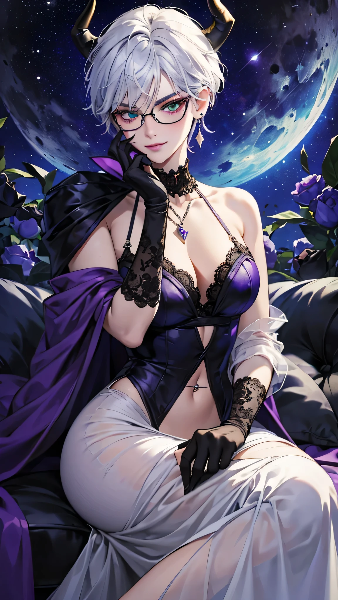8k, masterpiece, best quality, highly detailed, 1 girl, tiefling, warlock, multicolored hair, very short straight hair green highlight hair on white hair, strippled hair, wearing glasses, round glasses, earrings, long dress with side cut, lace dress, red eyeshadow, long eyelashes, blushed cheek, necklace, navel piercing, collarbone, high heels, mole, glamorous, purple and teal clothing, villainy, smirk, seductive face, close up view, rings, looking at viewer, standing, demon horns, solo, starry night, full blue moon, hand touching cheek, black roses, black lace gloves.