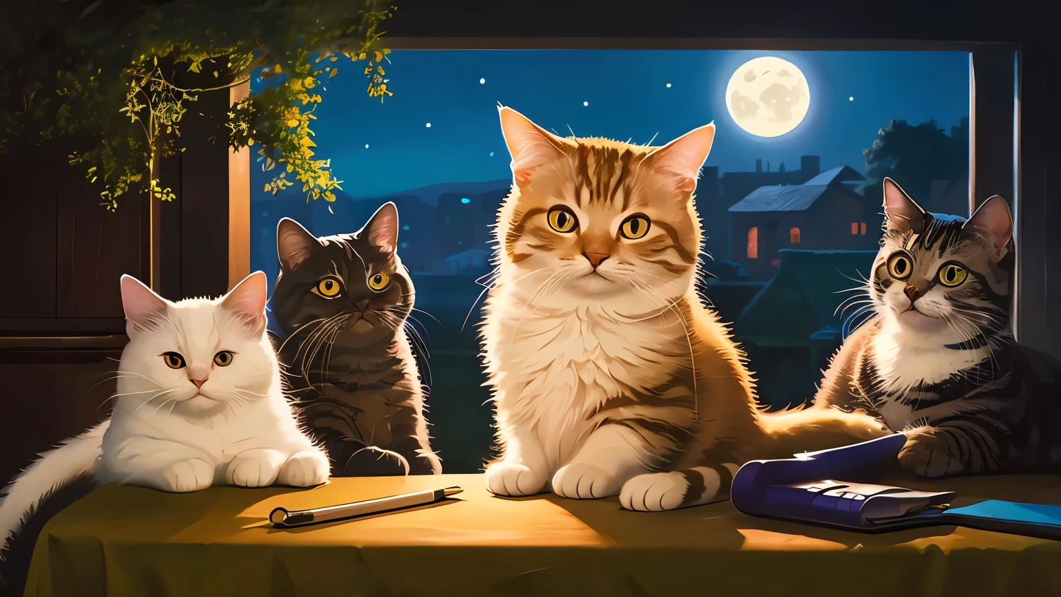 Cat on night patrol、but, All the characters are anthropomorphized cats..、Expressive cat、Oil paints、Oil painting style、High resolution, highest quality, highest quality, Paid reward available, An unparalleled masterpiece, Perfect artwork, Confused, High quality illustrations, 超High resolution, Detailed Background,