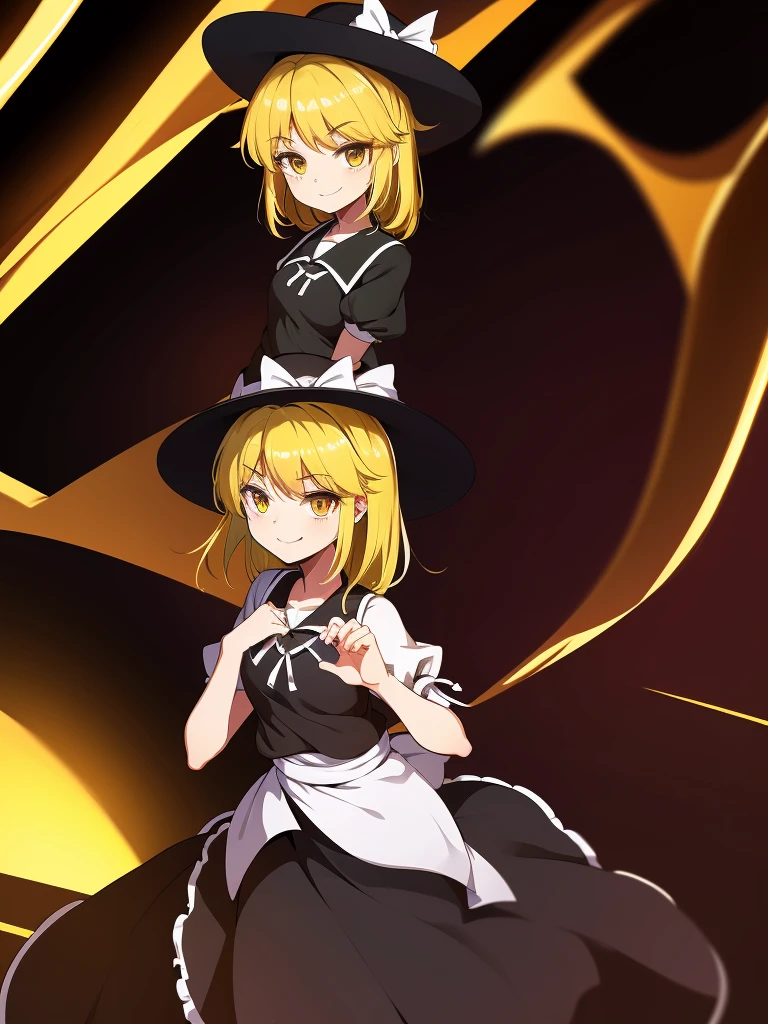 1girl, , , masterpiece, best quality, 10 years old, medium blode hair, forehead visible bags, yellow eyes, hat, heart, black headwear, puffy short sleeves, log black skirt, heart hads,,1girl, solo, yellow eyes, yellow hair, bow, hat bow, socks, black footwear, black skirt, short sleeves, yuki (touhou), black vest, white sleeves, frill skirt, light smile, 