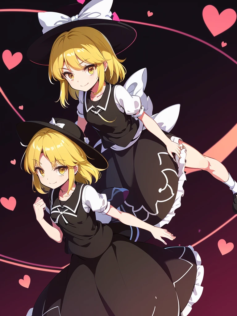 1girl, , , masterpiece, best quality, 10 years old, medium blode hair, forehead visible bags, yellow eyes, hat, heart, black headwear, puffy short sleeves, log black skirt, heart hads,,1girl, solo, yellow eyes, yellow hair, bow, hat bow, socks, black footwear, black skirt, short sleeves, yuki (touhou), black vest, white sleeves, frill skirt, light smile, 