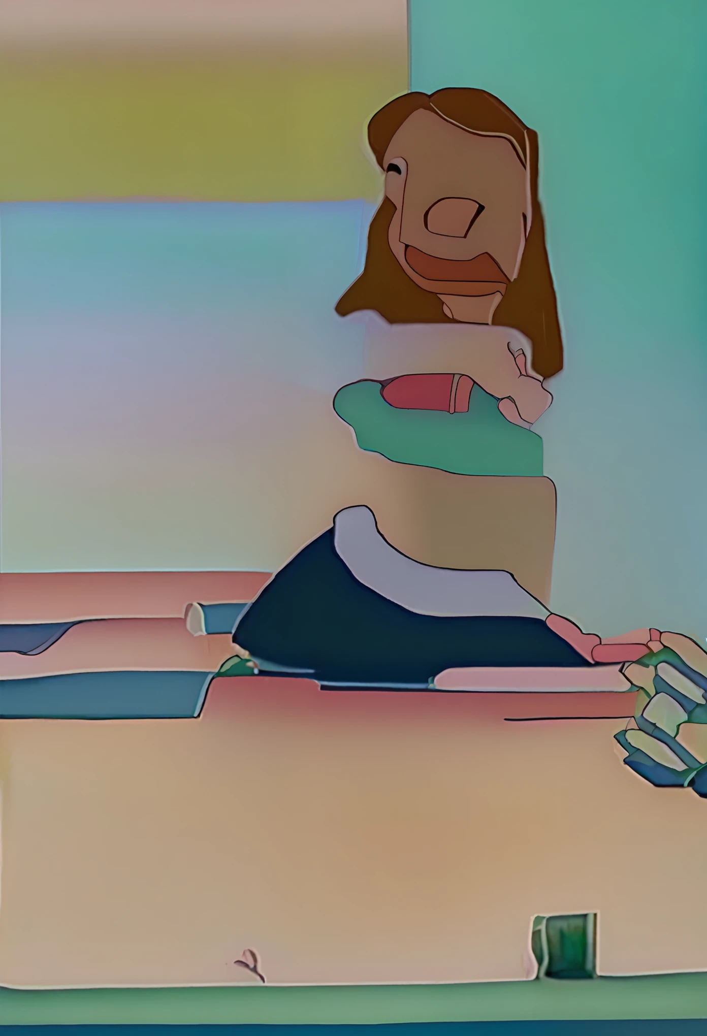 realistic cartoon images  1 woman wearing a 3-legged skirt  standing on the balcony