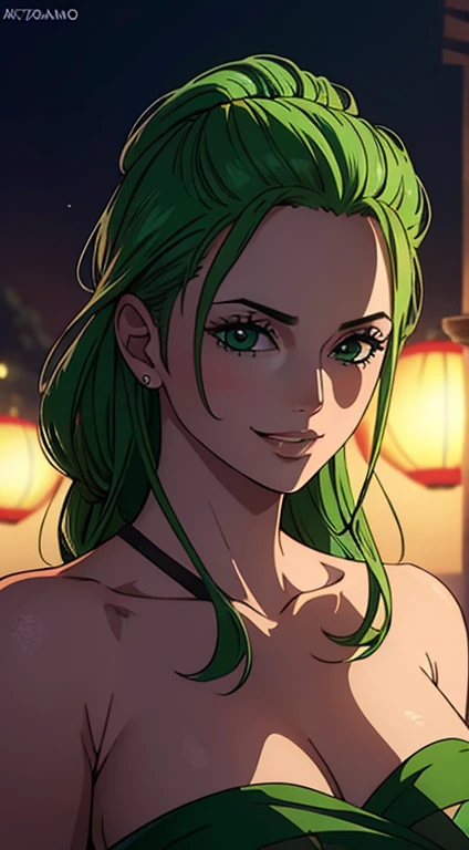 Ultra Realistic 8k CG, ((Ultra detailed background, Delicate pattern, intricate detials, Highly detailed, fine details)), Best Quality, (Photorealistic:1.4),Beautiful lighting, Roronoa Zoro, swords, One Piece, A big smile, smirk, green hair, Hot Girl, , Enma, Kamazo Hair, Shram on the chest Zoro, (The woman,), romance, the night