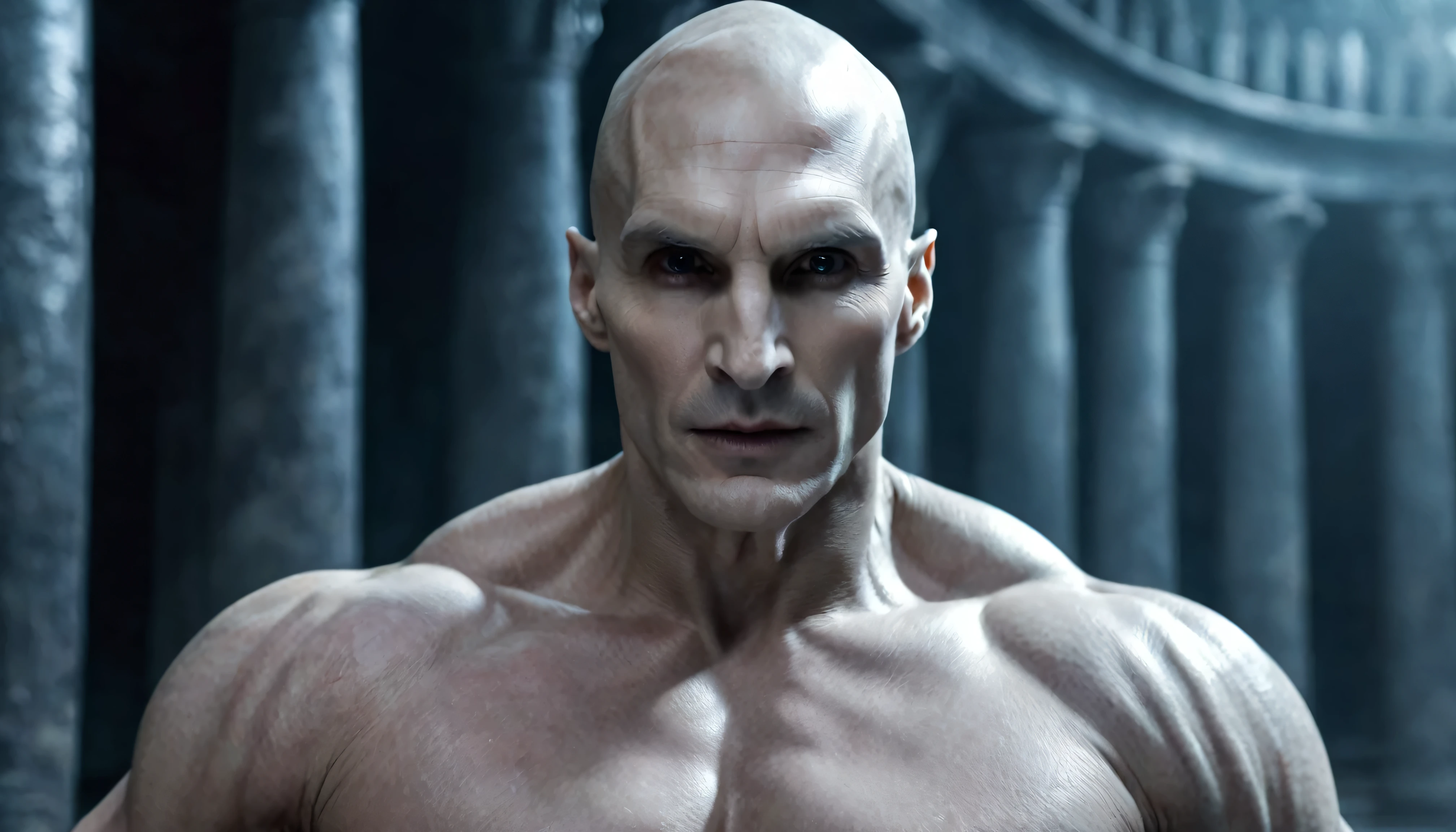 Very Handsome Lord Voldemort with a really big chiseled jawline and very big muscled Muscles is looking straight with sigma look inside his magic academy, Ultra realistic