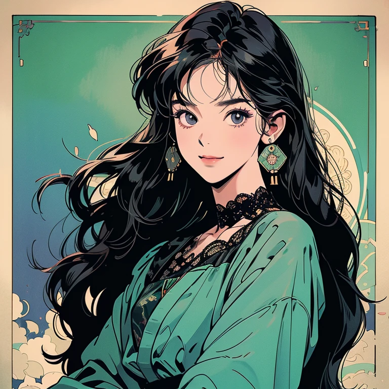 (8k, RAW Photos, highest quality, masterpiece:1.2), (Realistic, photo-Realistic:1.37)、Tarot cards flying in the air,Earrings, eyelash, pantyhose、セクシーな刺激的なsmile、 (Shiny skin:1.05)、Background Blur((Depth of written boundary))、、Long Hair、My hair is wavy、A 23-year-old Japanese woman of unparalleled beauty、black eye、Black Hair、Hair is wavy、Long Hair、The ends of the hair are curled upwards、She is a fortune teller.、smile、She is wearing a black lace choker、background art nouveau(Malt Vert))