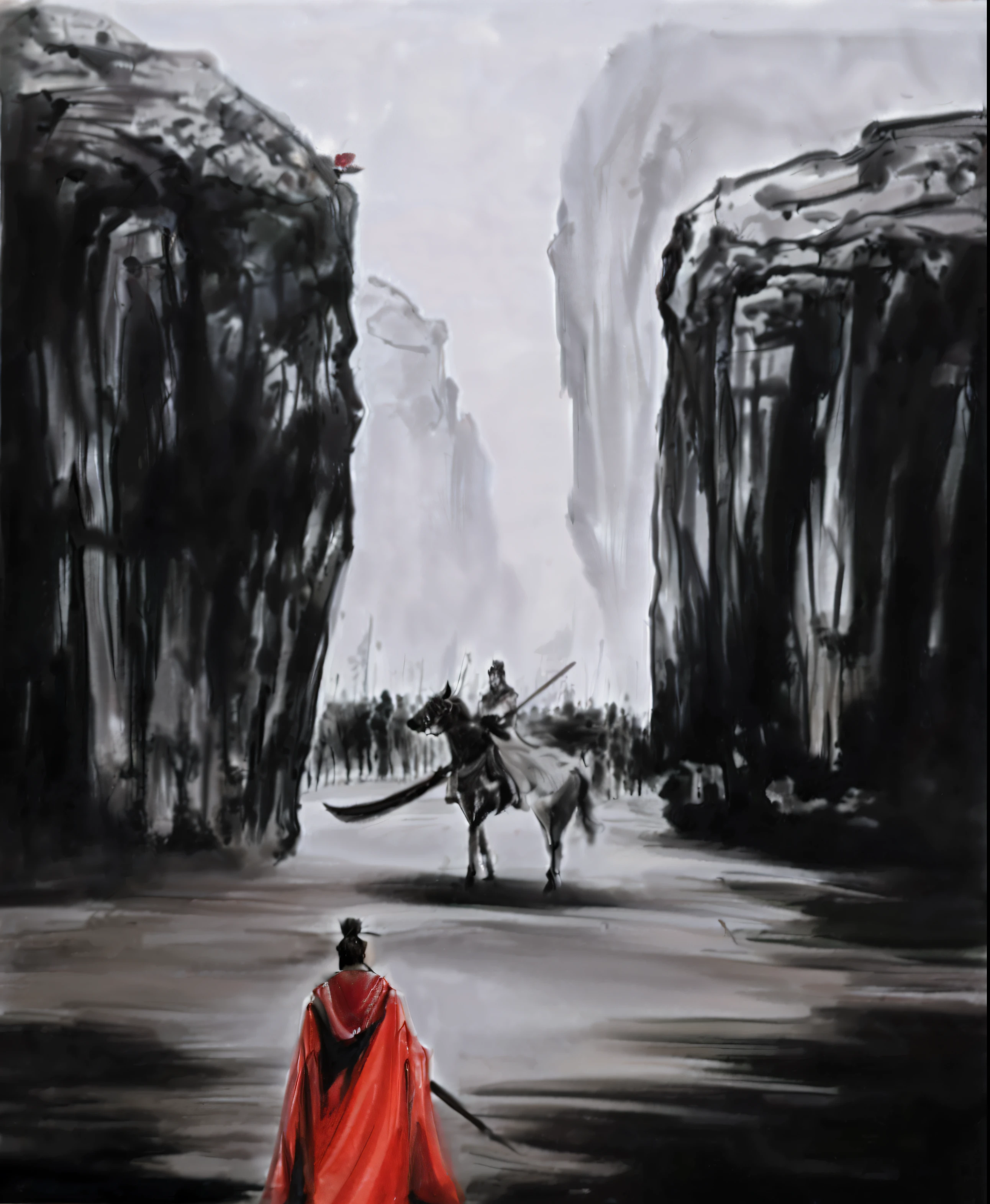 Painting of a man in a red cloak walking with a horse, inspired by Fu Baoshi, inspired by Huang Binhong, inspired by Lu Zhi, author：Sun Kehong, inspired by Cui Zizhong, artwork about a road to freedom, inspired by Zhang Shengwen, inspired by Hu Zao, inspired by Zhang Lu, by Xuande Emperor