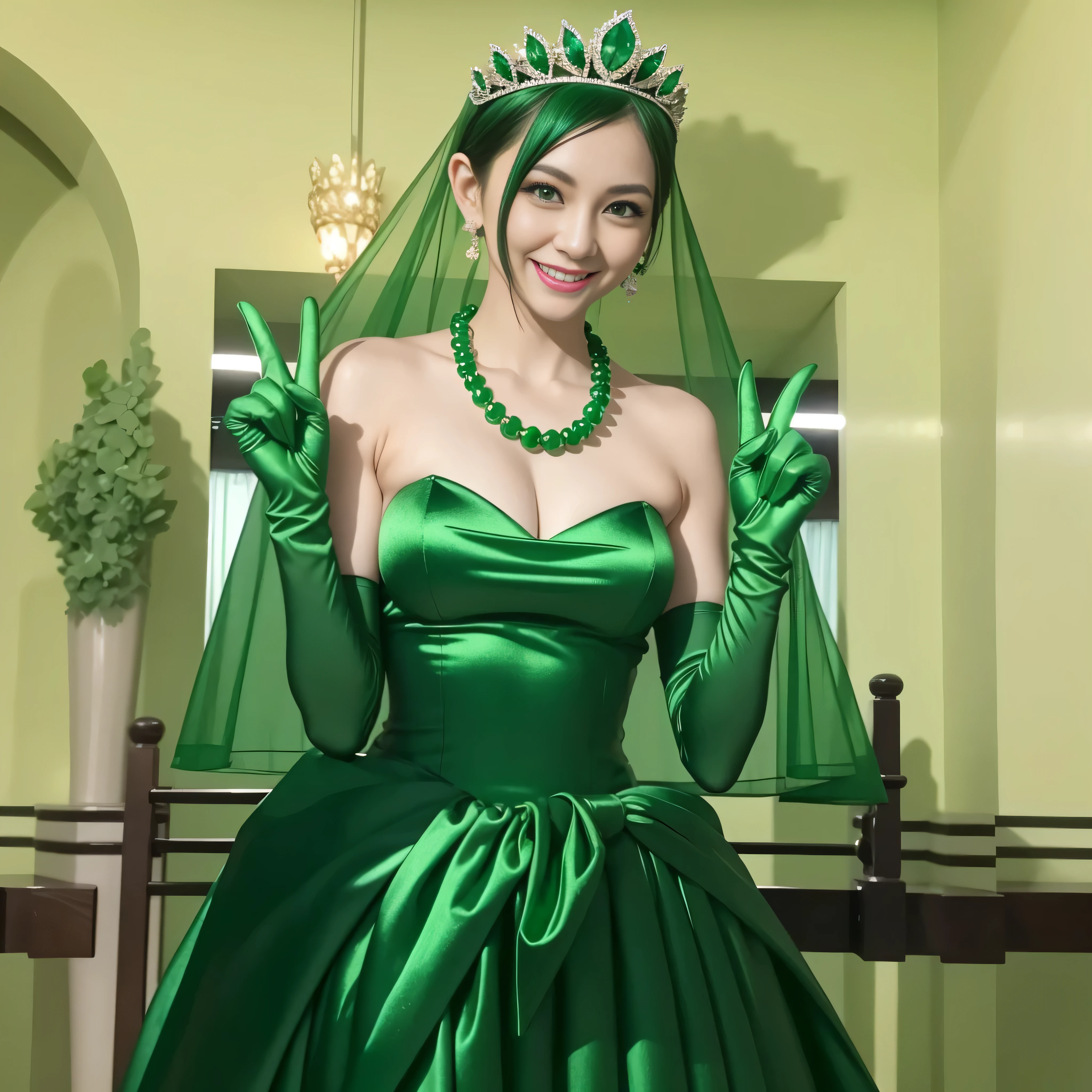 Emerald tiara, Green Pearl Necklace, Boyish very short green hair, lipstick, Smiling Japanese woman, Very short hair, Big and beautiful, Green Eyes, Long green satin gloves, Green Eyes, V sign, Emerald Earrings, Green veil,30-year-old female, Big Breasts