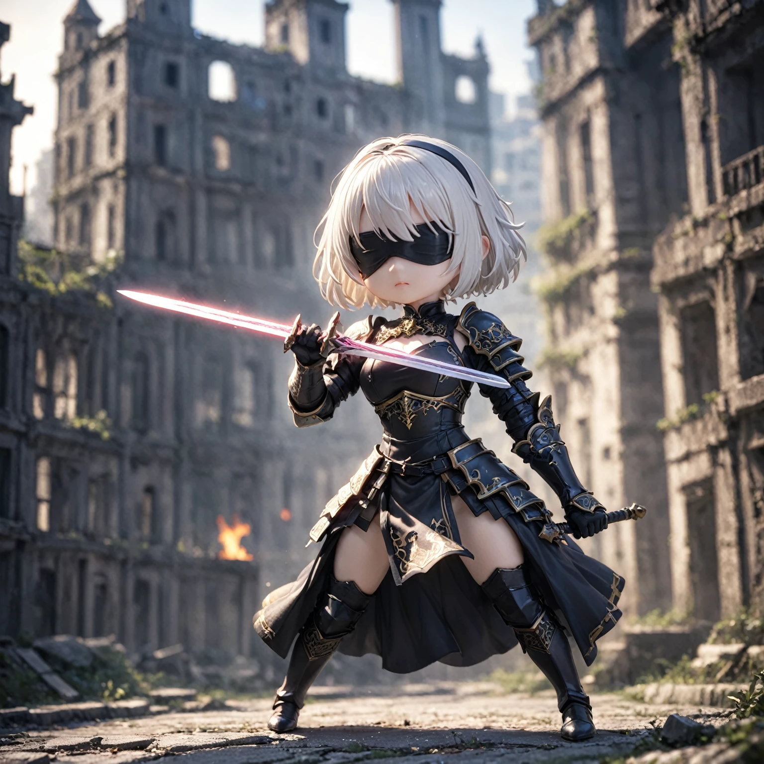 amazing quality, masterpiece, best quality, hyper detailed, ultra detailed, UHD, HDR, DOF, depth of field,
short hair, white hair, solo, wearing ornate armor, gold trim, fighting stance, , closed mouth, holding sword, glowing sword, abandoned city, old building,
Chibi Knight,
type2b, black_blindfold, black_hairband, 
action shot,
extremely detailed,