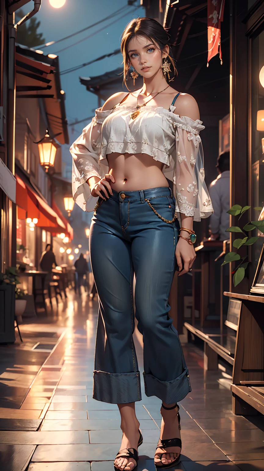 (8K, RAW Photos, highest quality, masterpiece:1.2), (Realistic, photo-Realistic:1.37)、Earrings, eyelash, pantyhose、セクシーな刺激的なsmile、 (Shiny skin:1.05)、深いblue eyes、Venus Body、Sexy proportions、Having her hair done、My chest is popping out、Wear accessories on your wrist、Wearing accessories on the ankle、Background blur((depth of field)、smile、23 year old white female、Brunette、blue eyes、Wear a sheer, off-the-shoulder top、I can see my belly button、See-through pantaloons((pantalon))、Wearing Sandals、The moonlight is beautiful