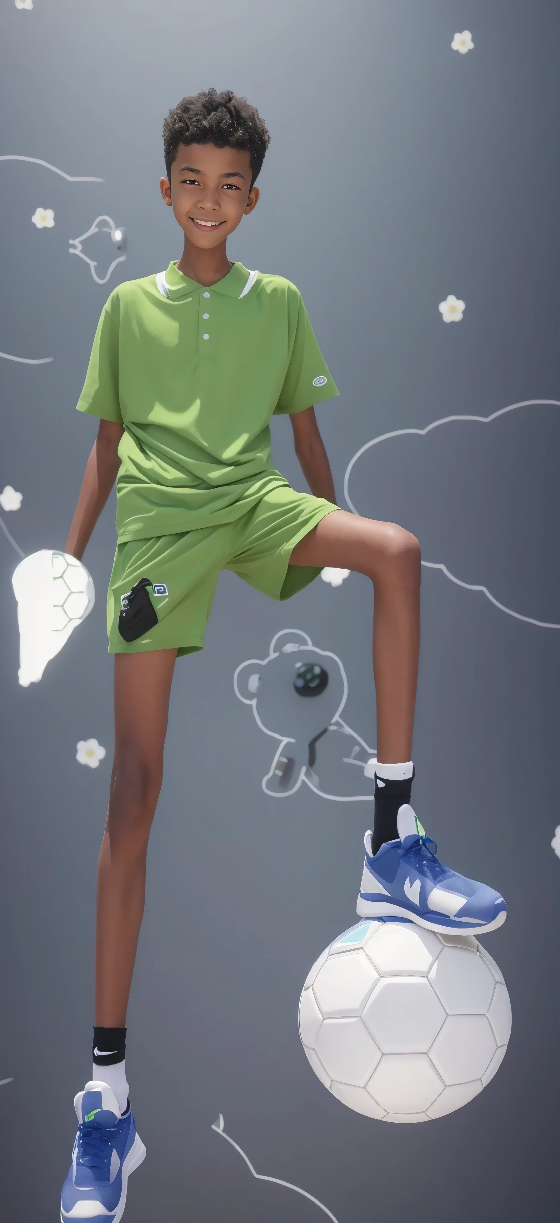 14 year old boy，（Wearing bright green tennis clothes，White shorts），Dark skin，Big round eyes，Very short hair，Tall and skinny，Toothy Smile，Sharpen details