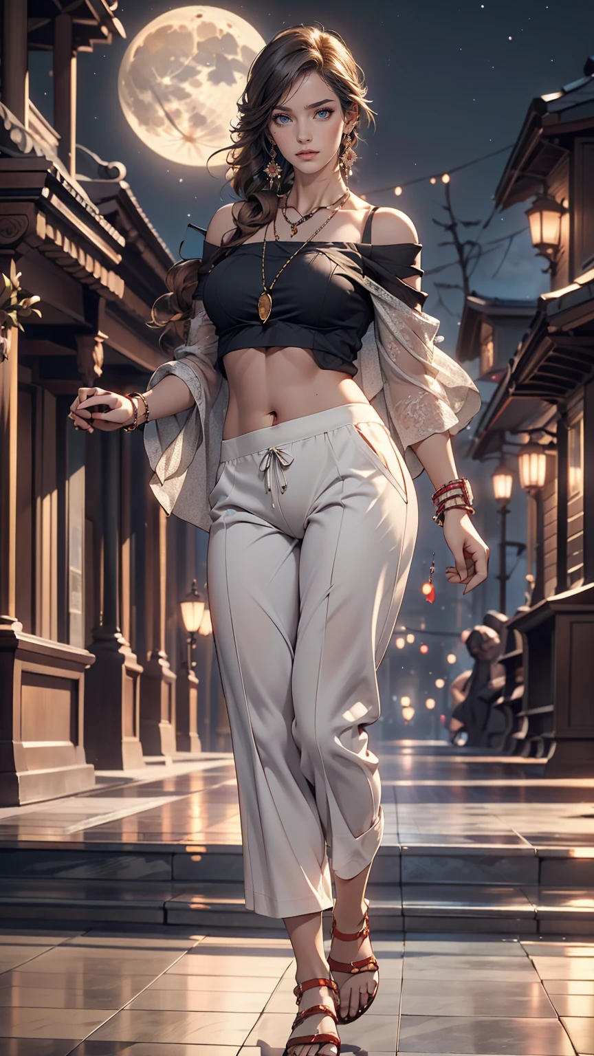 (8K, RAW Photos, highest quality, masterpiece:1.2), (Realistic, photo-Realistic:1.37)、Earrings, eyelash, pantyhose、セクシーな刺激的なsmile、 (Shiny skin:1.05)、深いblue eyes、Venus Body、Sexy proportions、Having her hair done、My chest is popping out、Wear accessories on your wrist、Wearing accessories on the ankle、Background blur((depth of field)、smile、23 year old white female、Brunette、blue eyes、Wear a sheer, off-the-shoulder top、I can see my belly button、See-through pantaloons((pantalon))、Wearing Sandals、The moonlight is beautiful