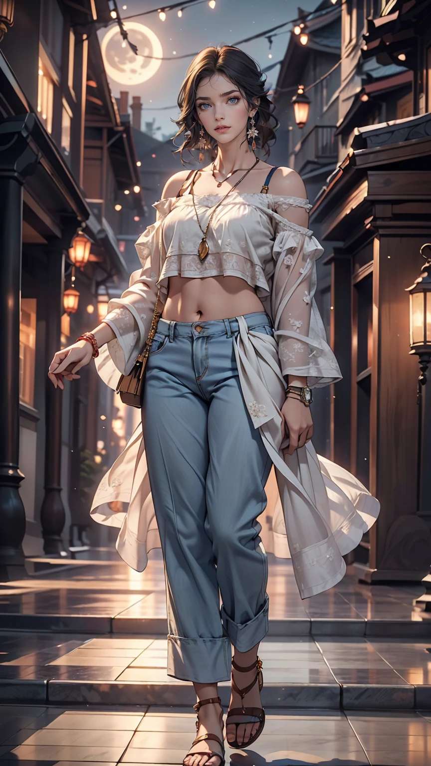 (8K, RAW Photos, highest quality, masterpiece:1.2), (Realistic, photo-Realistic:1.37)、Earrings, eyelash, pantyhose、セクシーな刺激的なsmile、 (Shiny skin:1.05)、深いblue eyes、Venus Body、Sexy proportions、Having her hair done、My chest is popping out、Wear accessories on your wrist、Wearing accessories on the ankle、Background blur((depth of field)、smile、23 year old white female、Brunette、blue eyes、Wear a sheer, off-the-shoulder top、I can see my belly button、See-through pantaloons((pantalon))、Wearing Sandals、The moonlight is beautiful