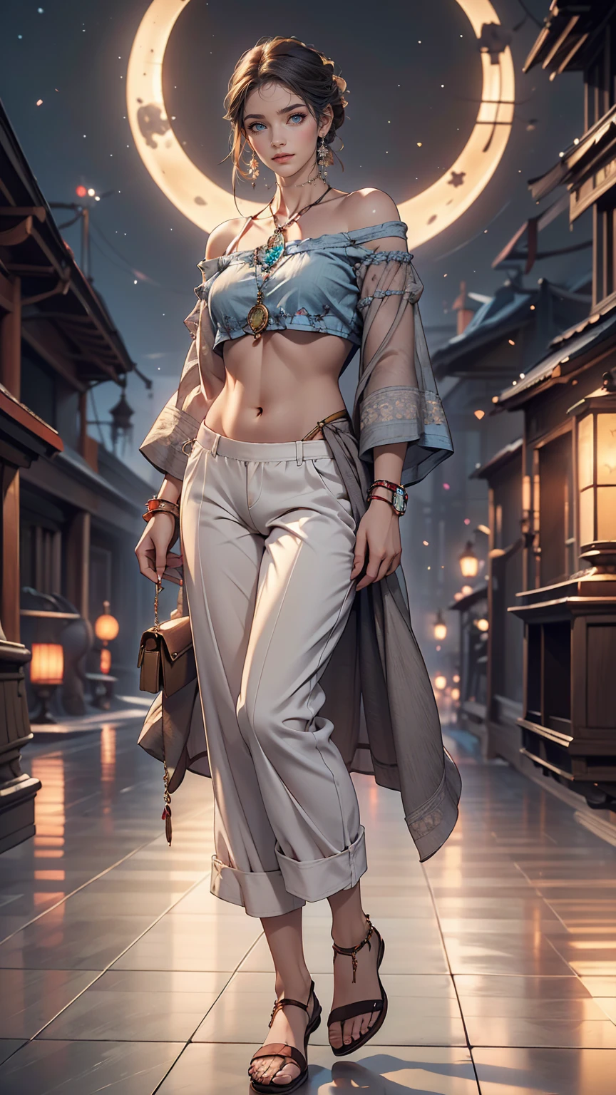 (8K, RAW Photos, highest quality, masterpiece:1.2), (Realistic, photo-Realistic:1.37)、Earrings, eyelash, pantyhose、セクシーな刺激的なsmile、 (Shiny skin:1.05)、深いblue eyes、Venus Body、Sexy proportions、Having her hair done、My chest is popping out、Wear accessories on your wrist、Wearing accessories on the ankle、Background blur((depth of field)、smile、23 year old white female、Brunette、blue eyes、Wear a sheer, off-the-shoulder top、I can see my belly button、See-through pantaloons((pantalon))、Wearing Sandals、The moonlight is beautiful