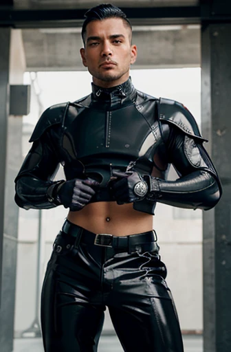 Handsome Latin Man Glamor Modern Fashion FUTURISTIC Fashion Black Clothing in Athletic LATEX pop Star Chestpiece ARMOR medieval warrior heroes ACRYLIC LATEX. FABRICA GOTCA tight pants highlighting the muscles. Goth futuristic haute couture. Viseira motoqueiro escudo  preta sobre o rosto e olhos 