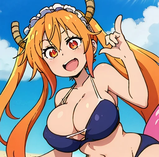 Tohru, cabello rojo, Cabello con trenza, ojos azules, ojos detallados, cuerpo completo, Cleavage Bulge, bikini,