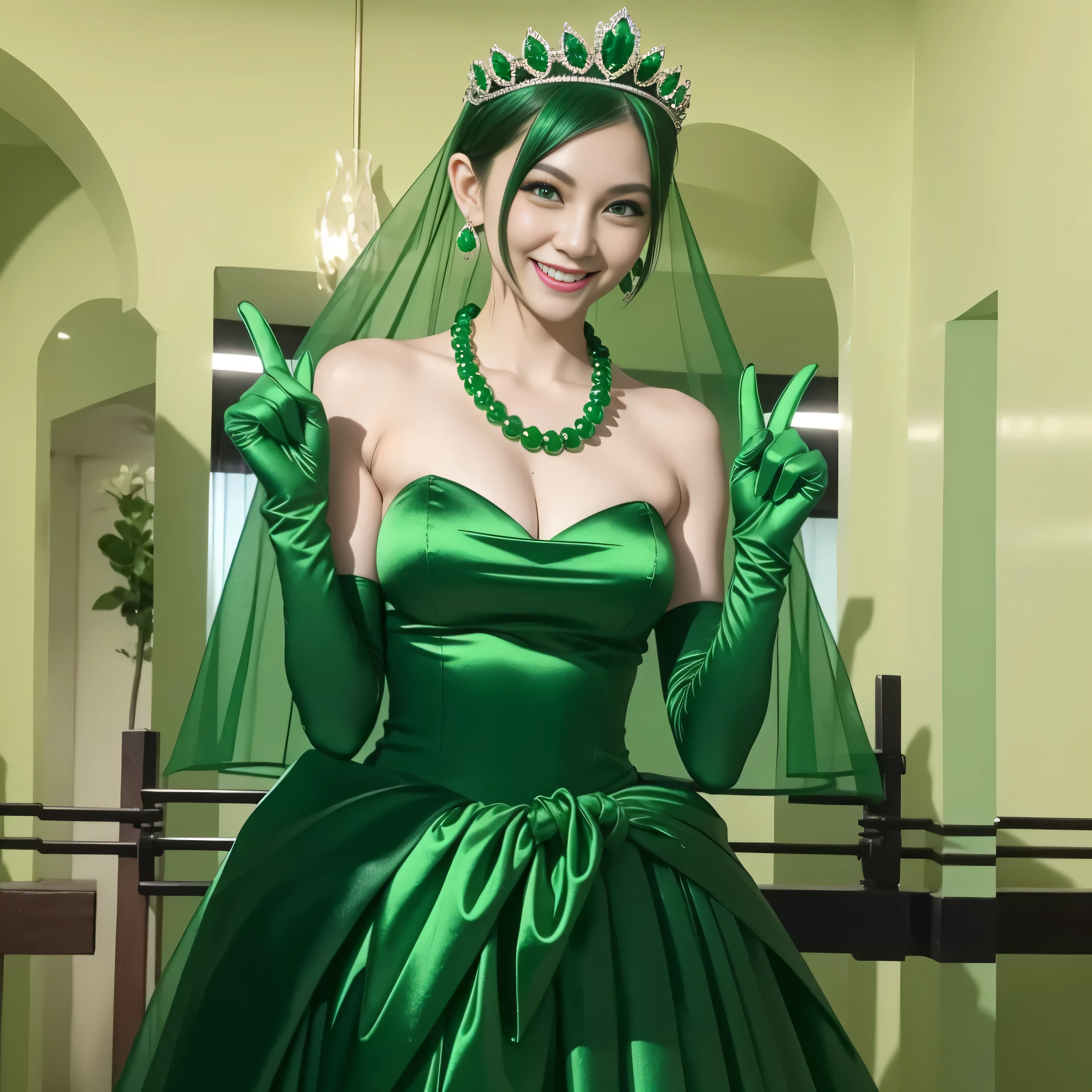 Emerald tiara, Green Pearl Necklace, Boyish very short green hair, lipstick, Smiling Japanese woman, Very short hair, Big and beautiful, Green Eyes, Long green satin gloves, Green Eyes, V sign, Emerald Earrings, Green veil,30-year-old female,