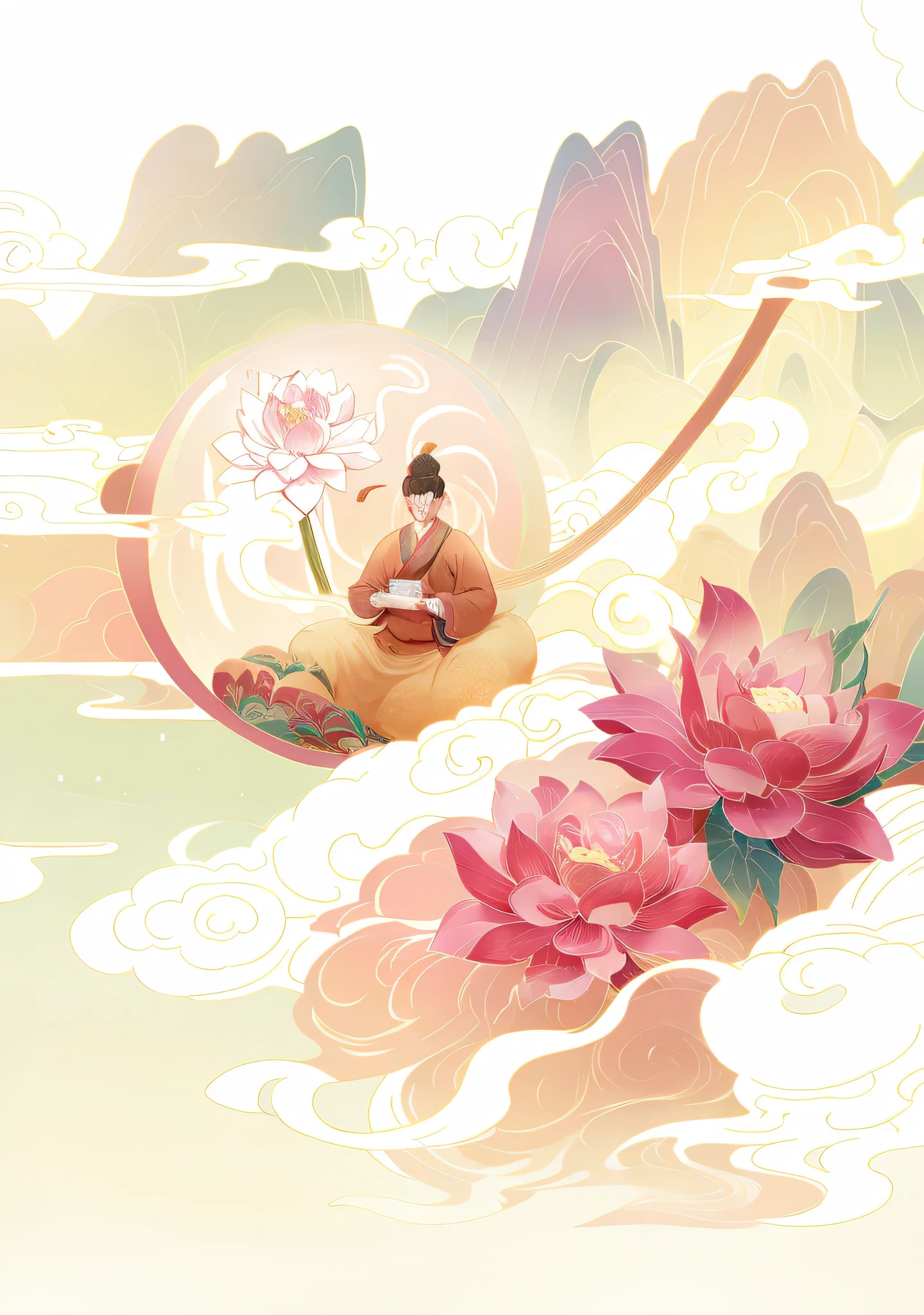 （Crane：1.5）,guochaochahua,(masterpiece, best quality:1.3)Buddha，Peony，Auspicious Clouds