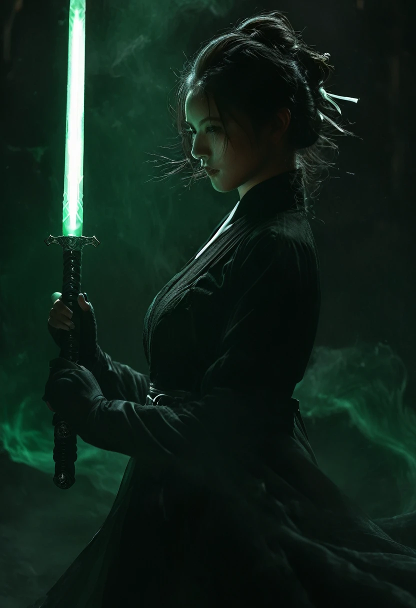 dark atmosphere，black/white maid uniform ，dark background，female swordsman in the dark，glowing jade sword，lightsaber，invisible face，Sword in both hands，night，dark，fear，sword focus，realistic，skin texture，xianxia