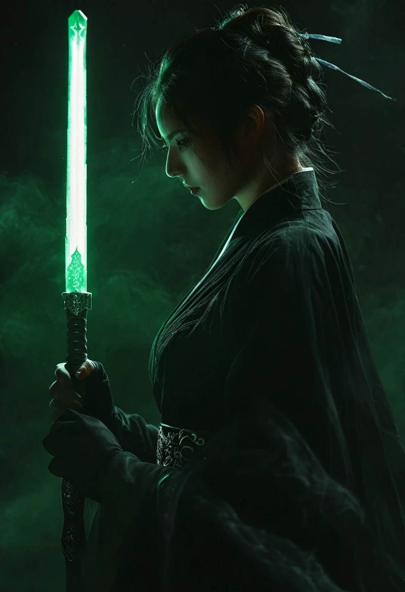 dark atmosphere，black/white maid uniform ，dark background，female swordsman in the dark，glowing jade sword，lightsaber，invisible face，Sword in both hands，night，dark，fear，sword focus，realistic，skin texture，xianxia