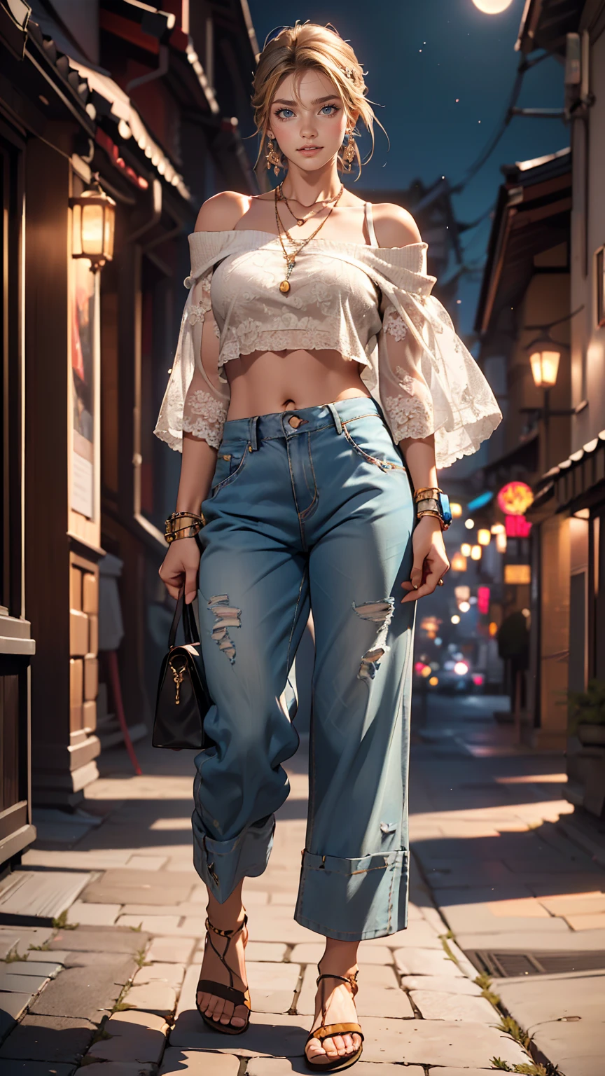 (8K, RAW Photos, highest quality, masterpiece:1.2), (Realistic, photo-Realistic:1.37)、Earrings, eyelash, pantyhose、セクシーな刺激的なsmile、 (Shiny skin:1.05)、深いblue eyes、Venus Body、Sexy proportions、Having her hair done、My chest is popping out、Wear accessories on your wrist、Wearing accessories on the ankle、Background blur((depth of field)、smile、23 year old white female、Brunette、blue eyes、Wear a camouflage off-the-shoulder top、I can see my belly button、See-through pantaloons((pantalon))、Wearing Sandals、The moonlight is beautiful