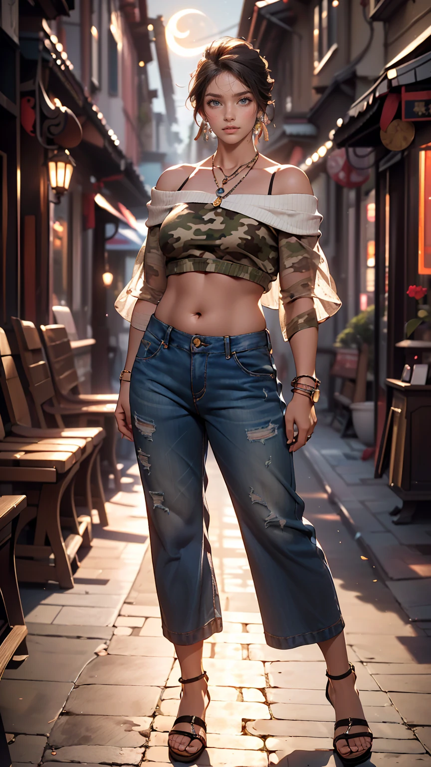 (8K, RAW Photos, highest quality, masterpiece:1.2), (Realistic, photo-Realistic:1.37)、Earrings, eyelash, pantyhose、セクシーな刺激的なsmile、 (Shiny skin:1.05)、深いblue eyes、Venus Body、Sexy proportions、Having her hair done、My chest is popping out、Wear accessories on your wrist、Wearing accessories on the ankle、Background blur((depth of field)、smile、23 year old white female、Brunette、blue eyes、Wear a camouflage off-the-shoulder top、I can see my belly button、See-through pantaloons((pantalon))、Wearing Sandals、The moonlight is beautiful