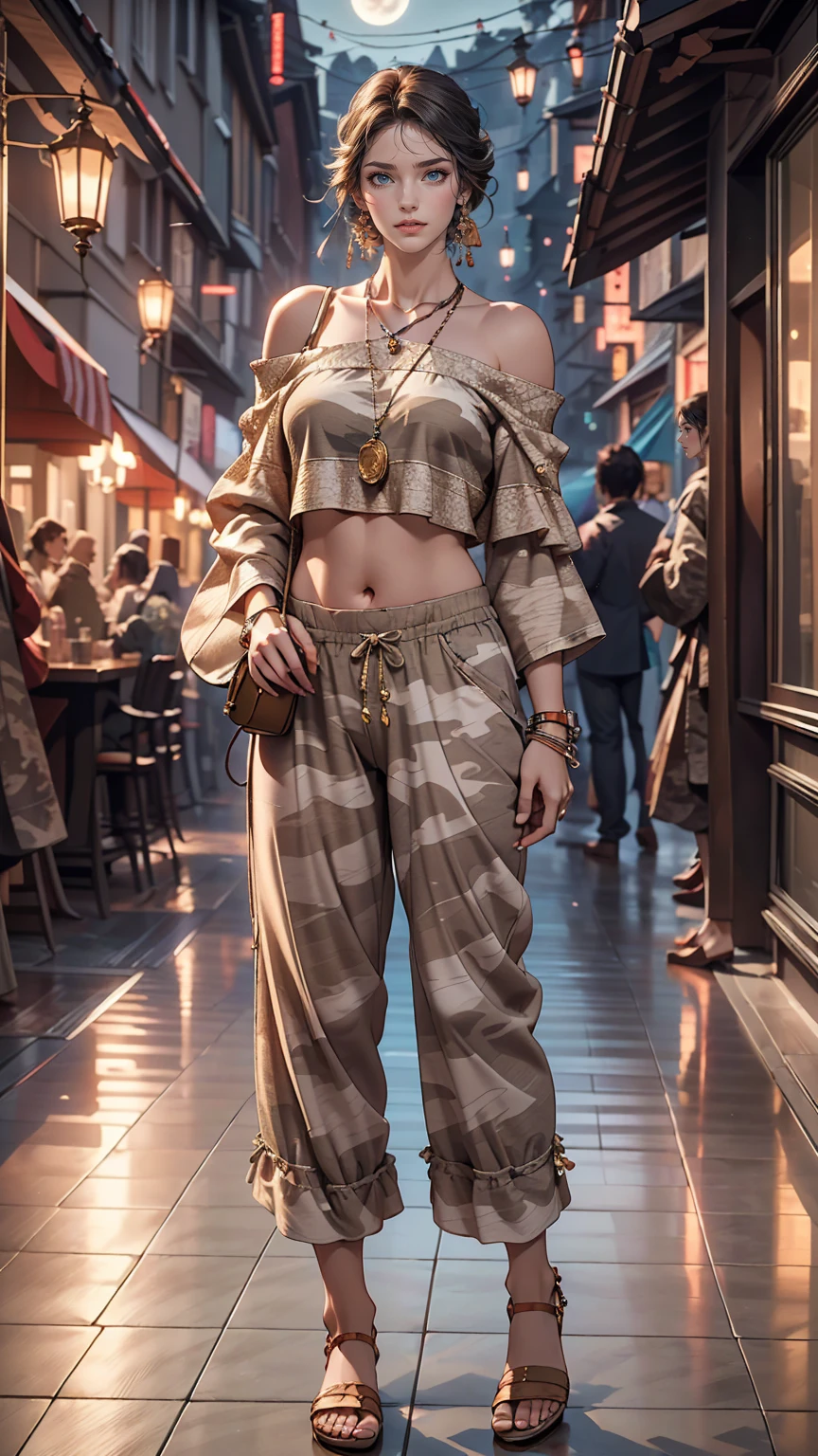 (8K, RAW Photos, highest quality, masterpiece:1.2), (Realistic, photo-Realistic:1.37)、Earrings, eyelash, pantyhose、セクシーな刺激的なsmile、 (Shiny skin:1.05)、深いblue eyes、Venus Body、Sexy proportions、Having her hair done、My chest is popping out、Wear accessories on your wrist、Wearing accessories on the ankle、Background blur((depth of field)、smile、23 year old white female、Brunette、blue eyes、Wear a camouflage off-the-shoulder top、I can see my belly button、See-through pantaloons((pantalon))、Wearing Sandals、The moonlight is beautiful