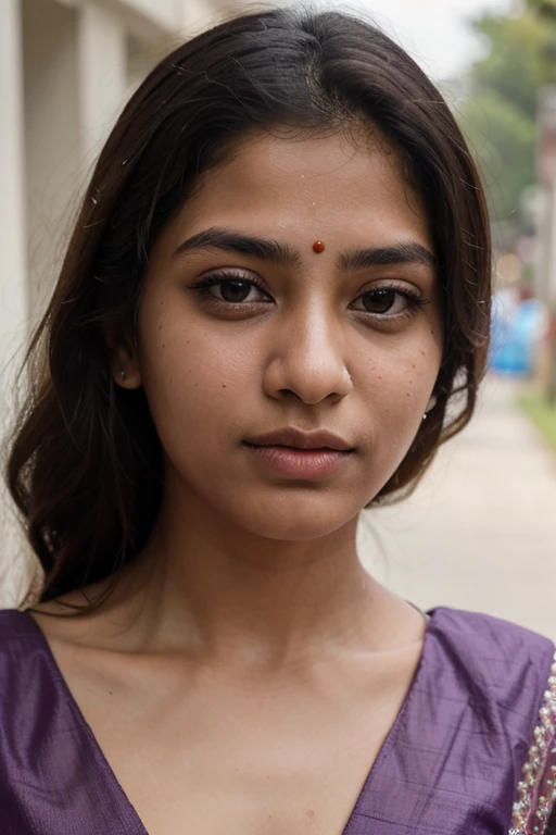 ((best quality)), ((masterpiece)), (detailed), perfect face close up of an indian 18 year old girl wearing purple sari