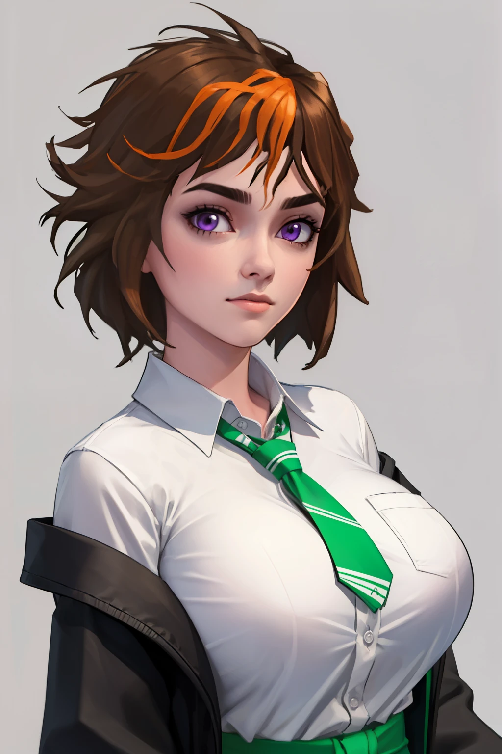 (masterpiece, ultra realisitc:1.2), (high quality, detailed:1.2), (huge breasts:1.2), (muscular female:0.8), (white shirt, long sleeves, green necktie), (upper body, portrait, blank background:1.1), Merula, purple eyes