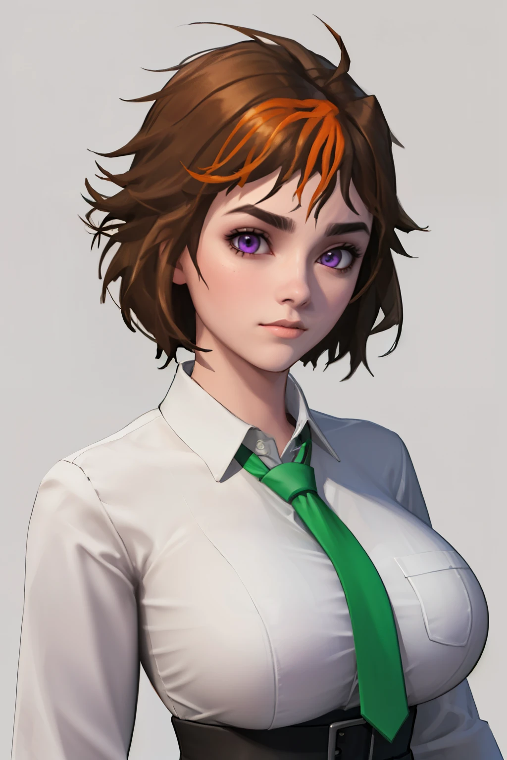 (masterpiece, ultra realisitc:1.2), (high quality, detailed:1.2), (huge breasts:1.2), (muscular female:0.8), (long sleeves, white shirt, green necktie), (upper body, portrait, blank background:1.1), Merula, purple eyes