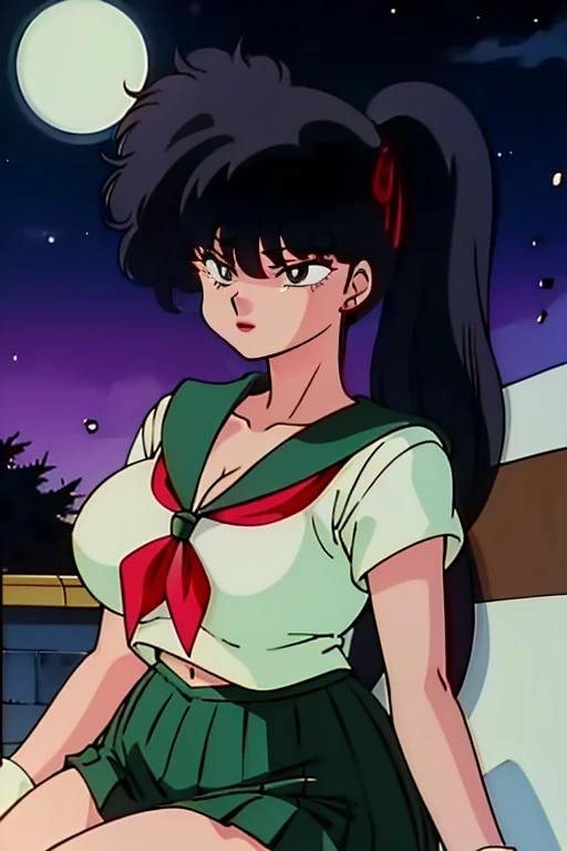 highest quality, High resolution, 1990s \(style\), retro artstyle, 1990s anime cels style, night, kodachi kuno, Sitting, Sailor Warrior Uniform, Large Breasts, Cleavage,Open chest,green sailor collar, White gloves, Green pleated skirt, Side Tail, (Dressed:1.3), Gold earrings,Big thighs,Big Butt,Short shirt,belly button