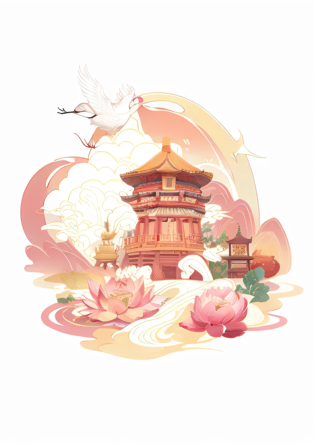 （Crane：1.5）,guochaochahua,(masterpiece, best quality:1.3)Buddha，Peony，Surrounded by auspicious clouds，Distant Mountains