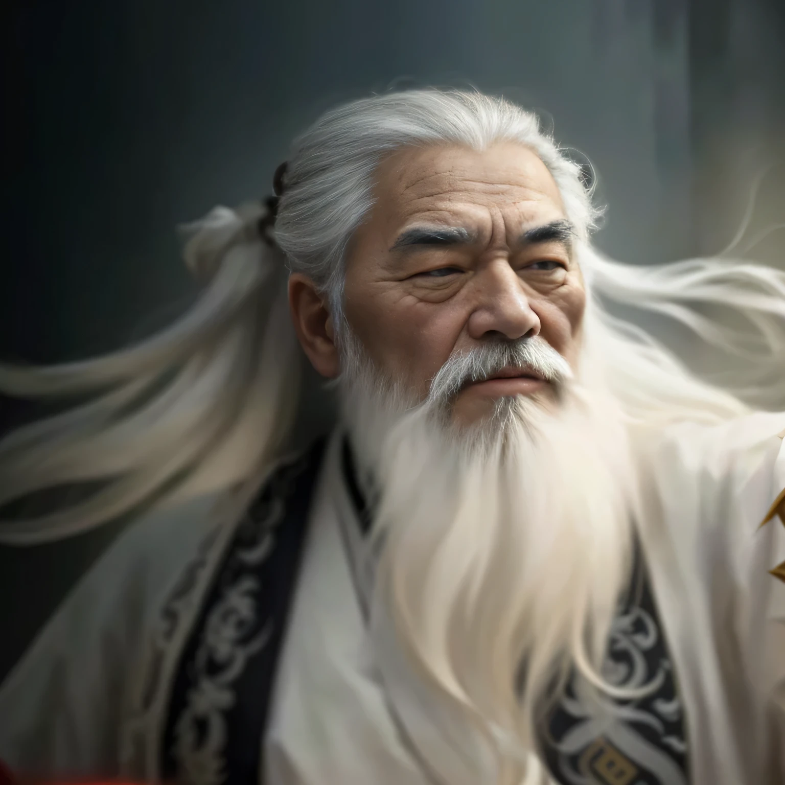 An old man with long white hair and beard, Master of Taoism, Long white beard, inspired by Wu Daozi, long white hair and white beard, inspired Hu Zaobin, Inspired by Li Cheng, author:Han Gan, Hu Zaobin, Wise old man, Taoism, Inspired by Li Gonglin, white hair and white beard