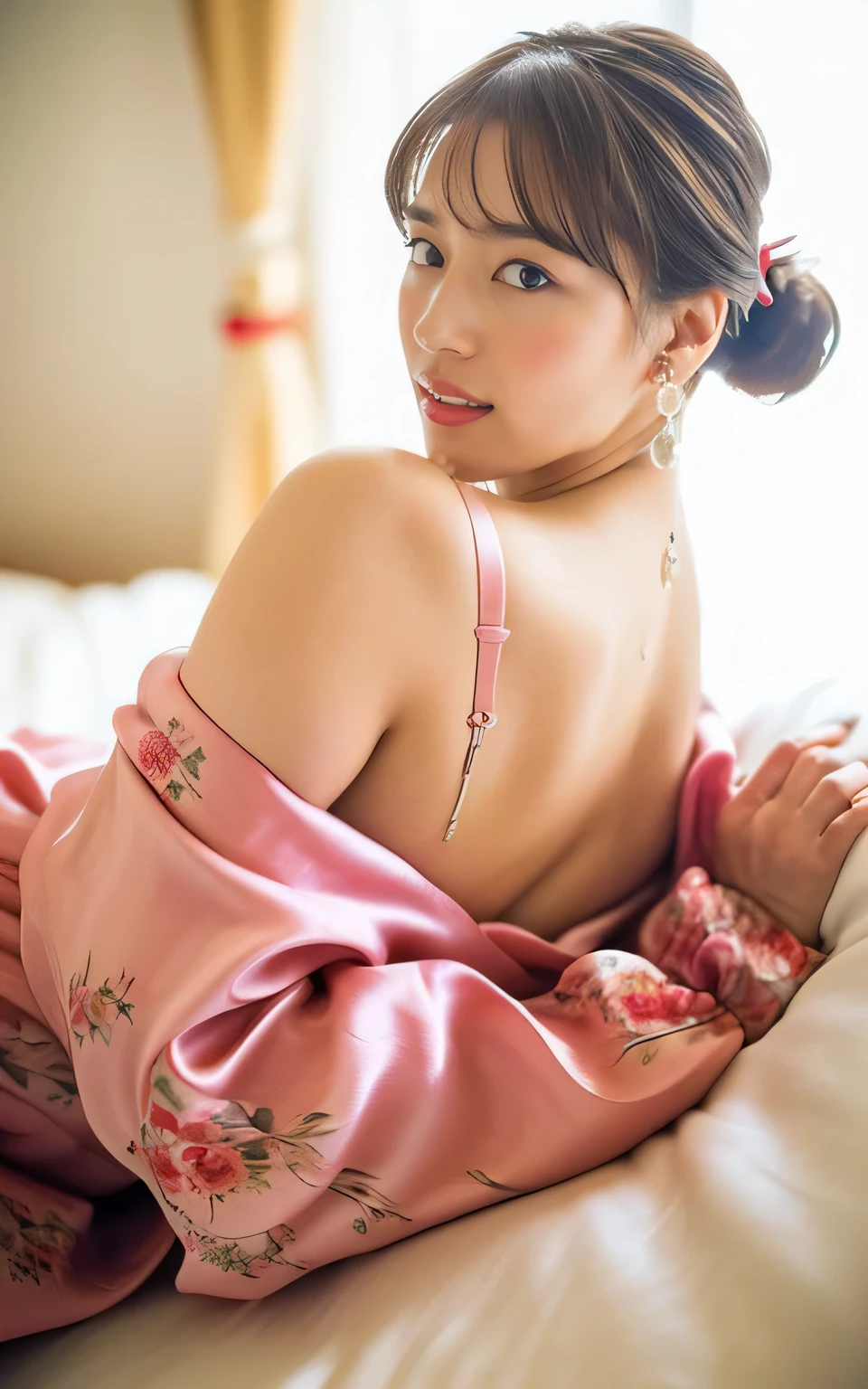 (Sexy silk kimono with floral pattern, No bra, The shape of the nipples is visible, Spread your legs a little:1.5),
((Age 25, Elegant beautiful actress, Sexy body, Naughty older sister, She shows me her breasts and seduces me:1.4)),
((Small breasts, Flat Chest:1.2)),
((She looks like she wants to be kissed., Looking forward:1.2)),
((I love you?, I want to kiss you?, I want to fuck you?, cheat with me?:1.2)),
((Where are you touching? You're so naughty.!,Your dick is getting hard,You were thinking about something naughty:1.2)),
((Luxury bedroom, Morning time, I can see the mountains in the distance:1.2)),
((Just me and my girlfriend, Making love while lying on your back in bed, I kiss her, It feels so good to be kissed by her plump lips, I touch her through her clothes, She gets so comfortable she gets totally naked, Her are incredible, I gently lick her nipples, She climbs on top of me、I inserted my penis between her legs in the cowgirl position., Her moans get louder、I feel ecstasy, I also feel good、The pace of her hips gradually increases, Her face is cute when she feels it :1.3)),
Eye focus, Narrow shoulders, Beautiful clavicle, Long, slender legs, The back of the hand is beautiful and feminine,
Slender figure, A soft belly, Thin waist,
Ultra detailed face, Ultra detailed breasts, Ultra-detailed skin, Fair skin, Glossy Skin,
Ultra-detailed lips, Fuller lips, Glossy pink lips, Flushed Cheeks, White teeth,
Beautiful actress's languid make-up, Pink lipstick,
Dark Brown Hair, Delicate soft hair,
(Put your hair up, Medium Short Hair, ponytail:1.2), (Sweep your bangs to the side:1.2),
(Stylish looking earrings,necklace:1.2),