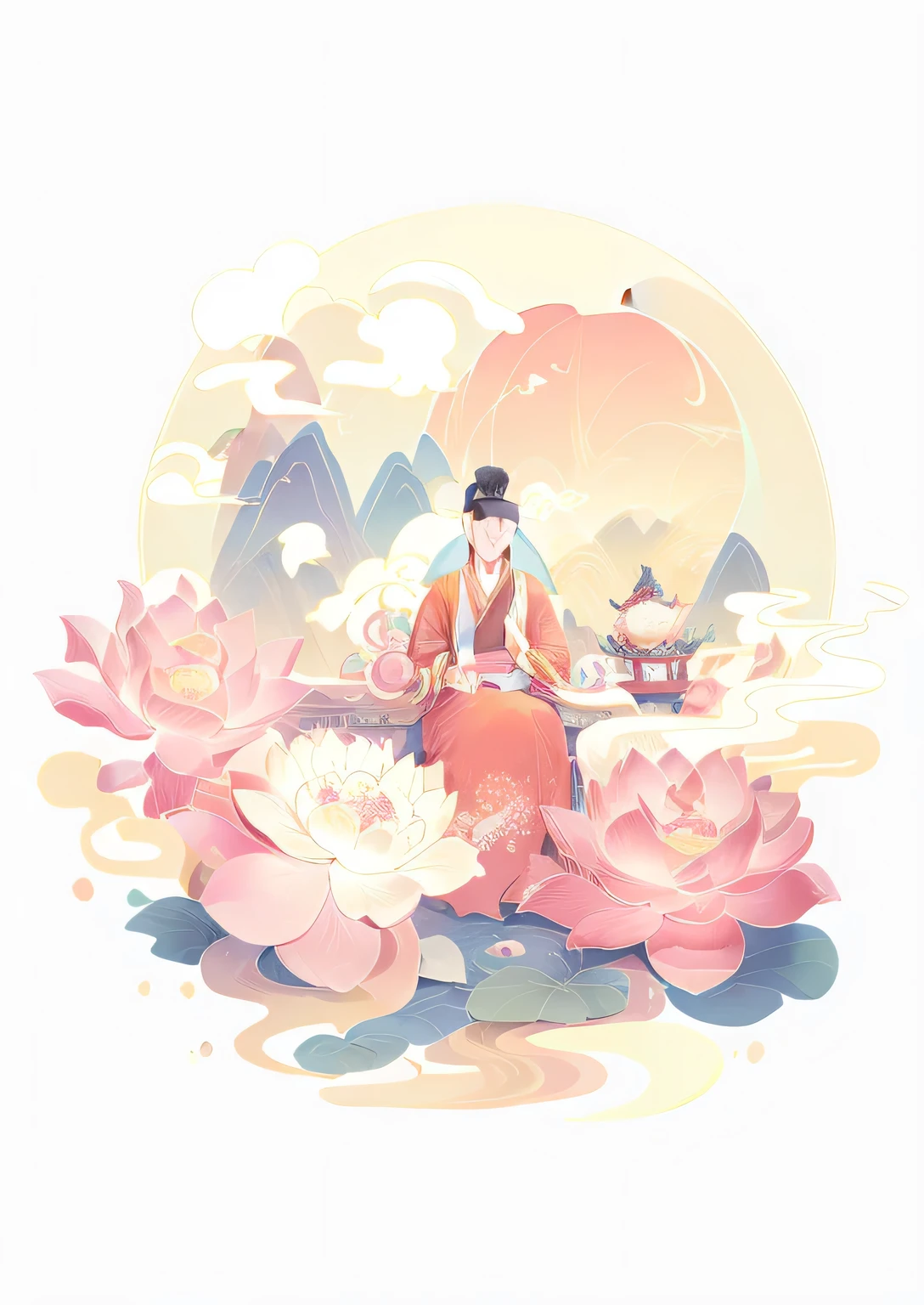 (Crane:1.5),guochaochahua,(masterpiece, best quality:1.3)Buddha,Peony,Surrounded by auspicious clouds,Distant Mountains