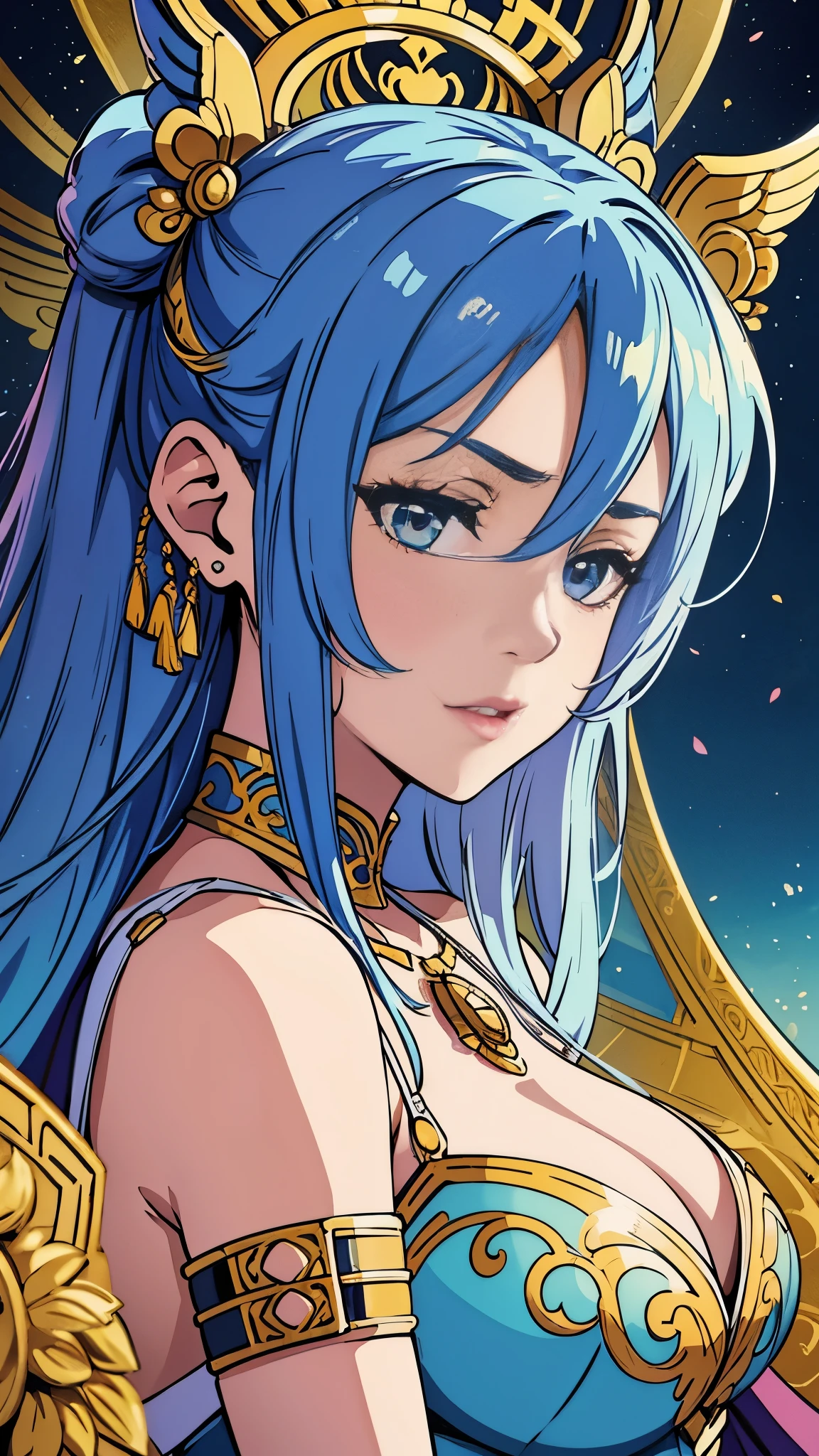 with high definition images,Detailed fantasy art masterpiece: By Chengwei Pan from ArtStation、Woman with stunning character adorned in sky blue dress close-up。This fan art is、Acclaimed Artists、Created by Kyoto Animation, it is a testament to the exceptional skill of the artists。Detailed fantasy art、Intricate pattern detail on armor、Delicate fabric texture、Vivid and rich colors、It radiates a captivating charm。Hall々A woman with a stern posture and intricate armor、It exudes an aura of breathtaking strength and beauty.。